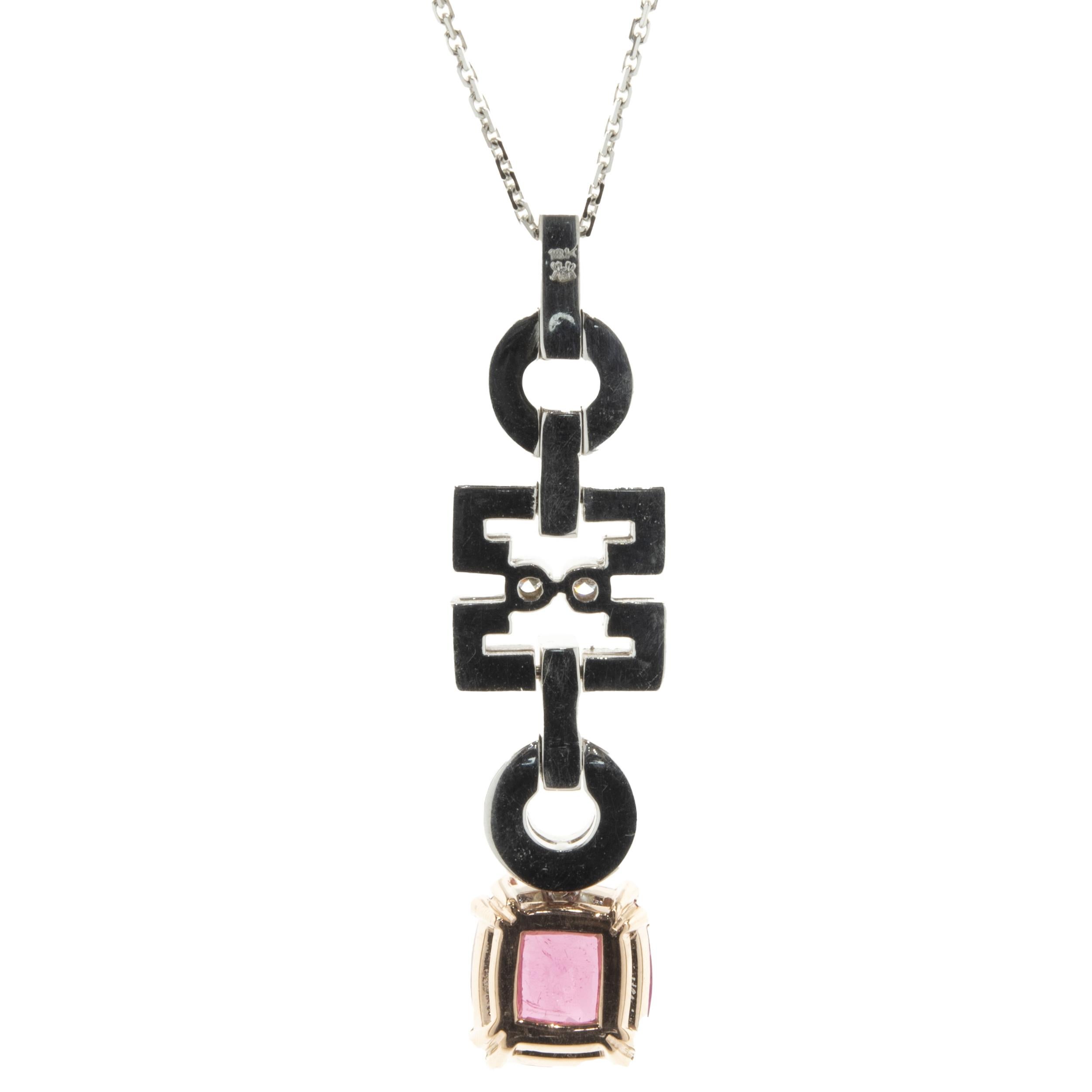 Designer: custom
Material: 18K white & rose gold
Diamond: round brilliant cut = .60cttw
Color: G
Clarity: VS2
Pink Tourmaline: cushion cut = 5.09ct
Dimensions: necklace measures 18-inches in length
Weight: 13.23 grams