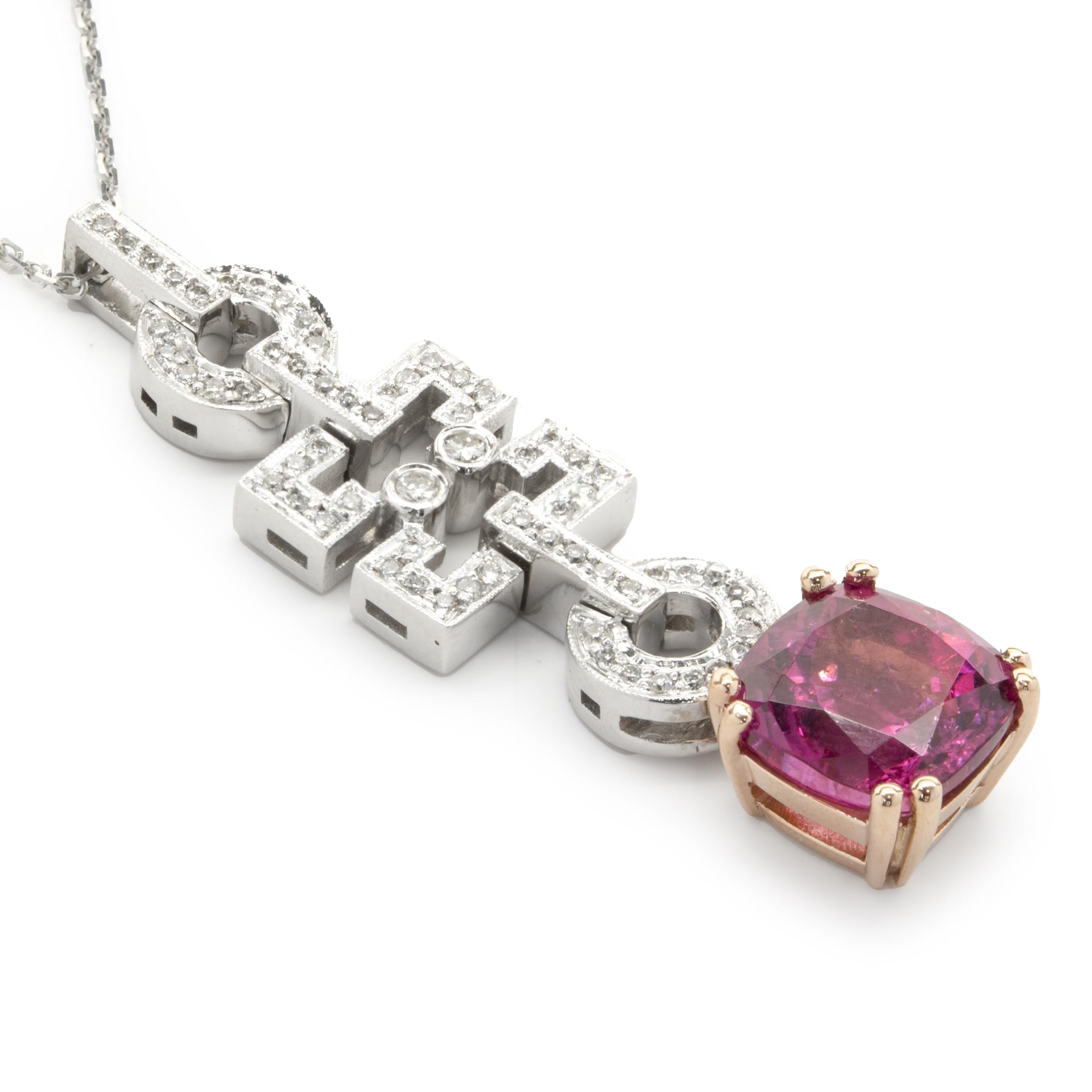 Cushion Cut 18 Karat White and Rose Gold Pink Tourmaline and Diamond Geometric Drop Necklace For Sale