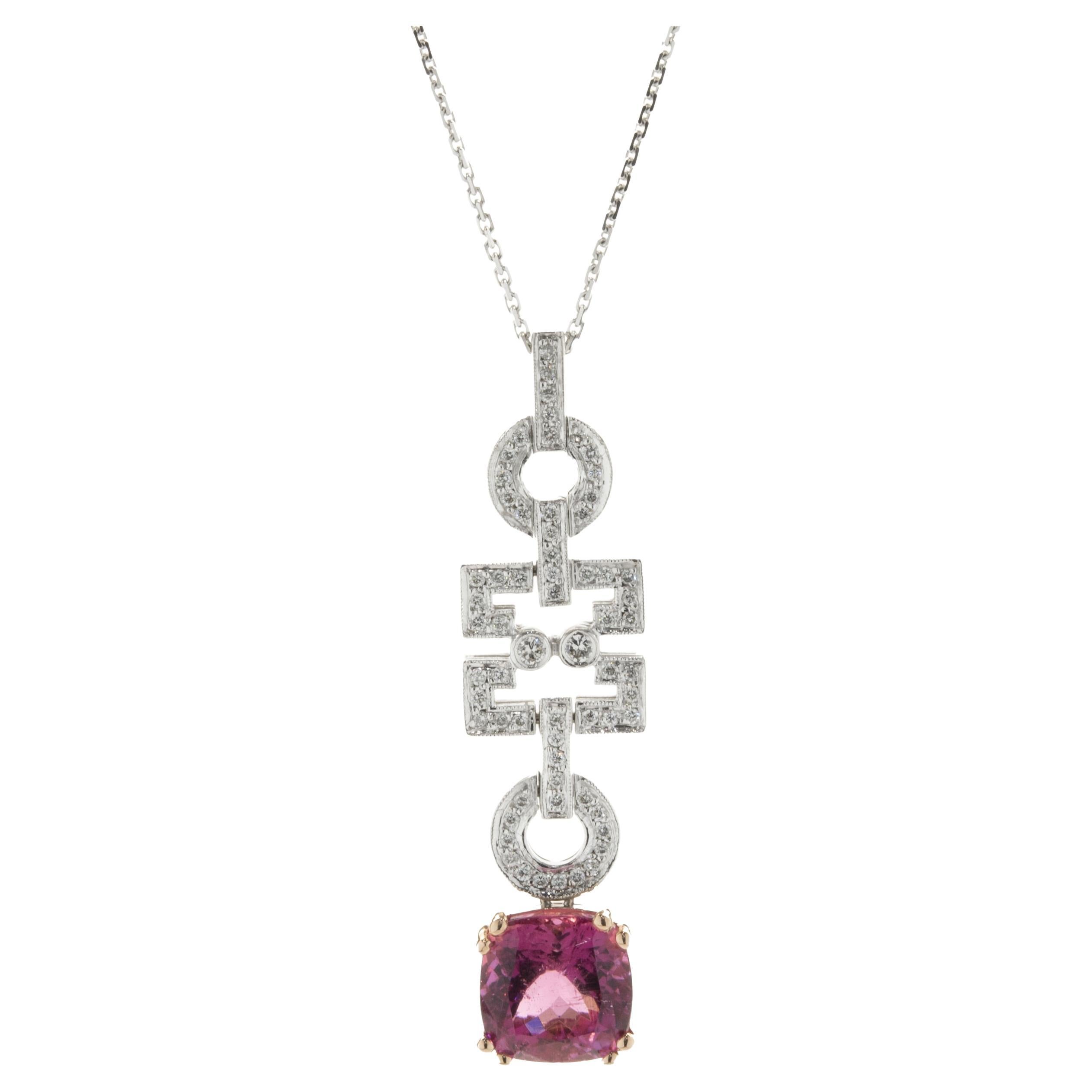 18 Karat White and Rose Gold Pink Tourmaline and Diamond Geometric Drop Necklace For Sale