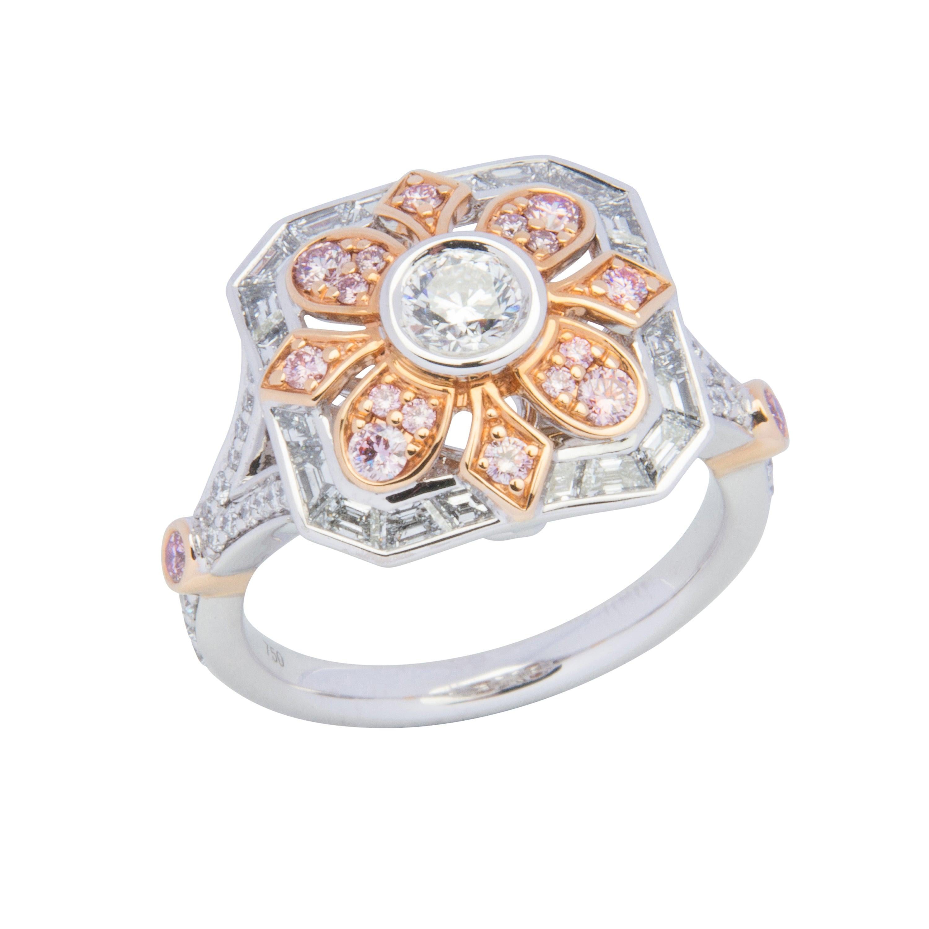 18 Karat White and Rose Gold Two-Tone White and Pink Diamond Ring For Sale