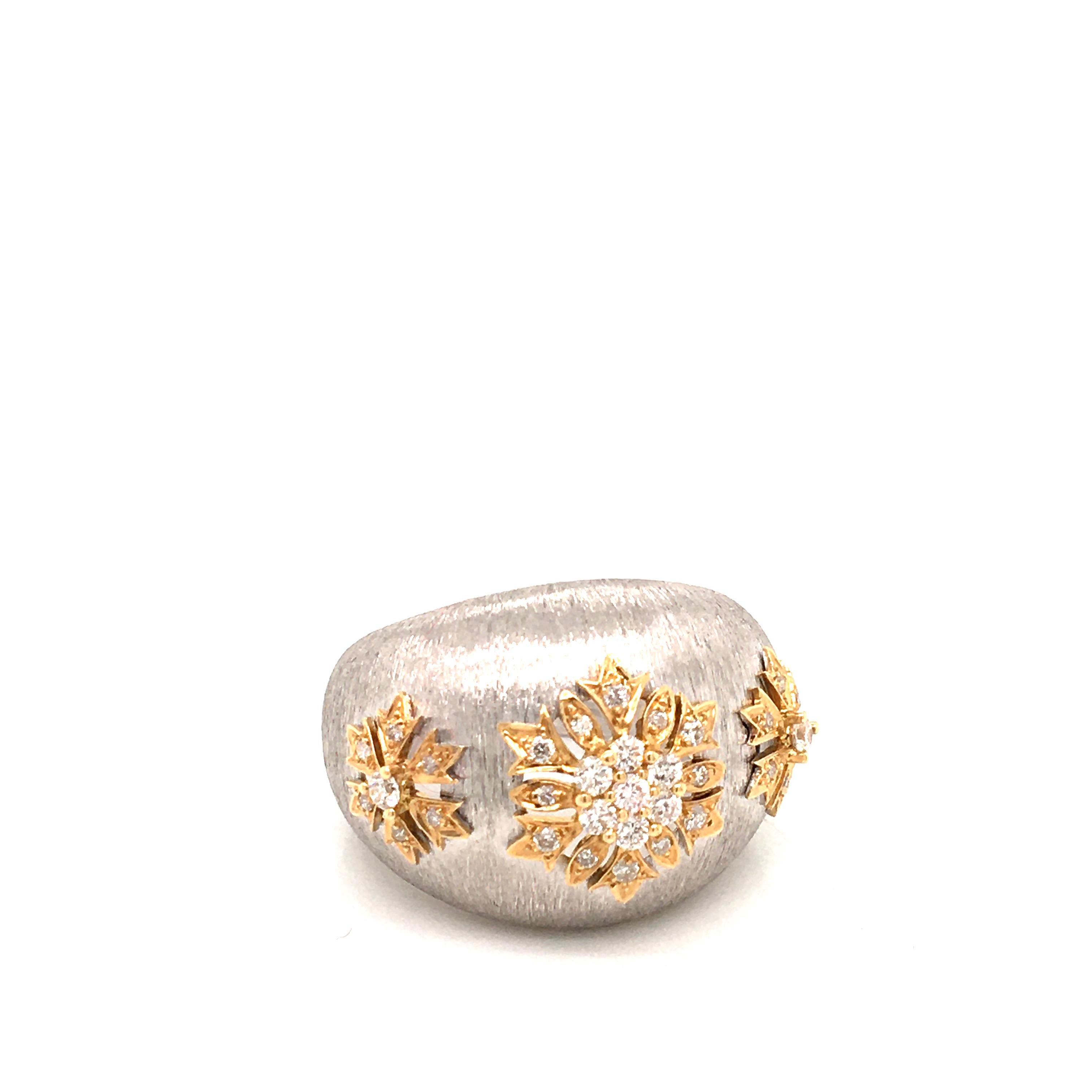 Round Cut 18 Karat White and Yellow Frosted Style Ring Made in Italy For Sale