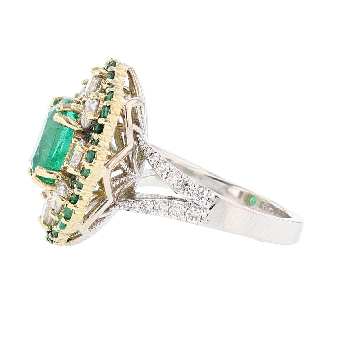 18 Karat White and Yellow Gold 2.66 Carat Emerald Diamond Cocktail Ring In New Condition For Sale In Houston, TX
