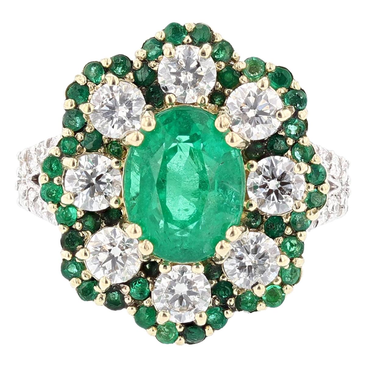 18 Karat White and Yellow Gold 2.66 Carat Emerald Diamond Cocktail Ring For Sale