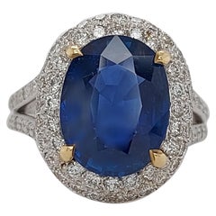 Bague en or blanc et jaune 18 carats avec diamants et saphir de Birmanie de 4,88 carats, sans chaleur