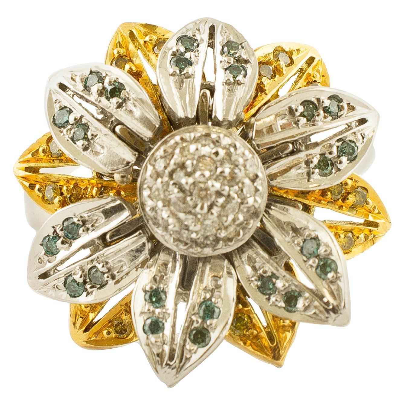 18 Karat White and Yellow Gold and Fancy Diamonds, Daisy Ring For Sale