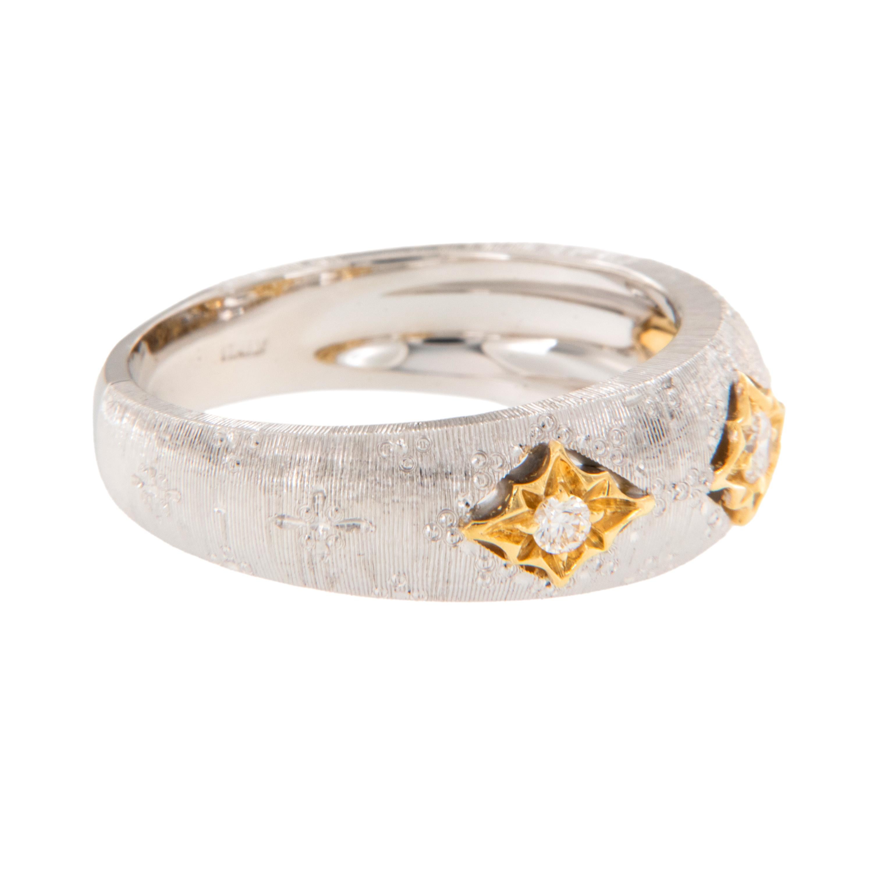 Made in Italy by expert craftsmen, this 18 karat white with 18 karat yellow gold accent dome ring with Florentine finish is a delight for the eye! For generations, a special engraving technique has been passed down from one master craftsperson to