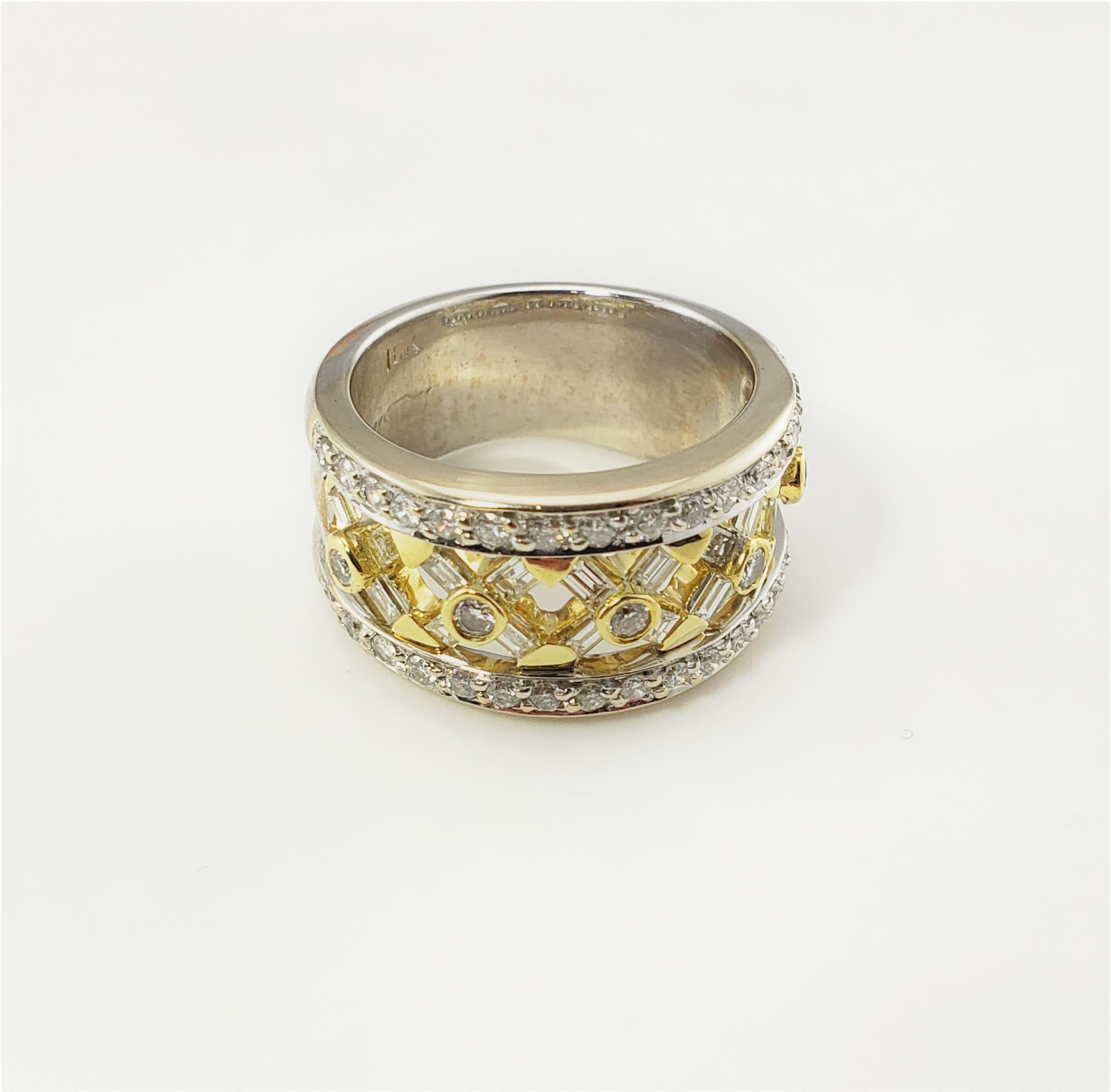 18 Karat White and Yellow Gold Diamond Band Ring Size 6.25 GAI Certified-

This sparkling ring features 39 round brilliant cut diamonds and 20 baguette diamonds set in beautifully detailed 18K white and yellow gold.  Width:  12 mm.  Shank:  8