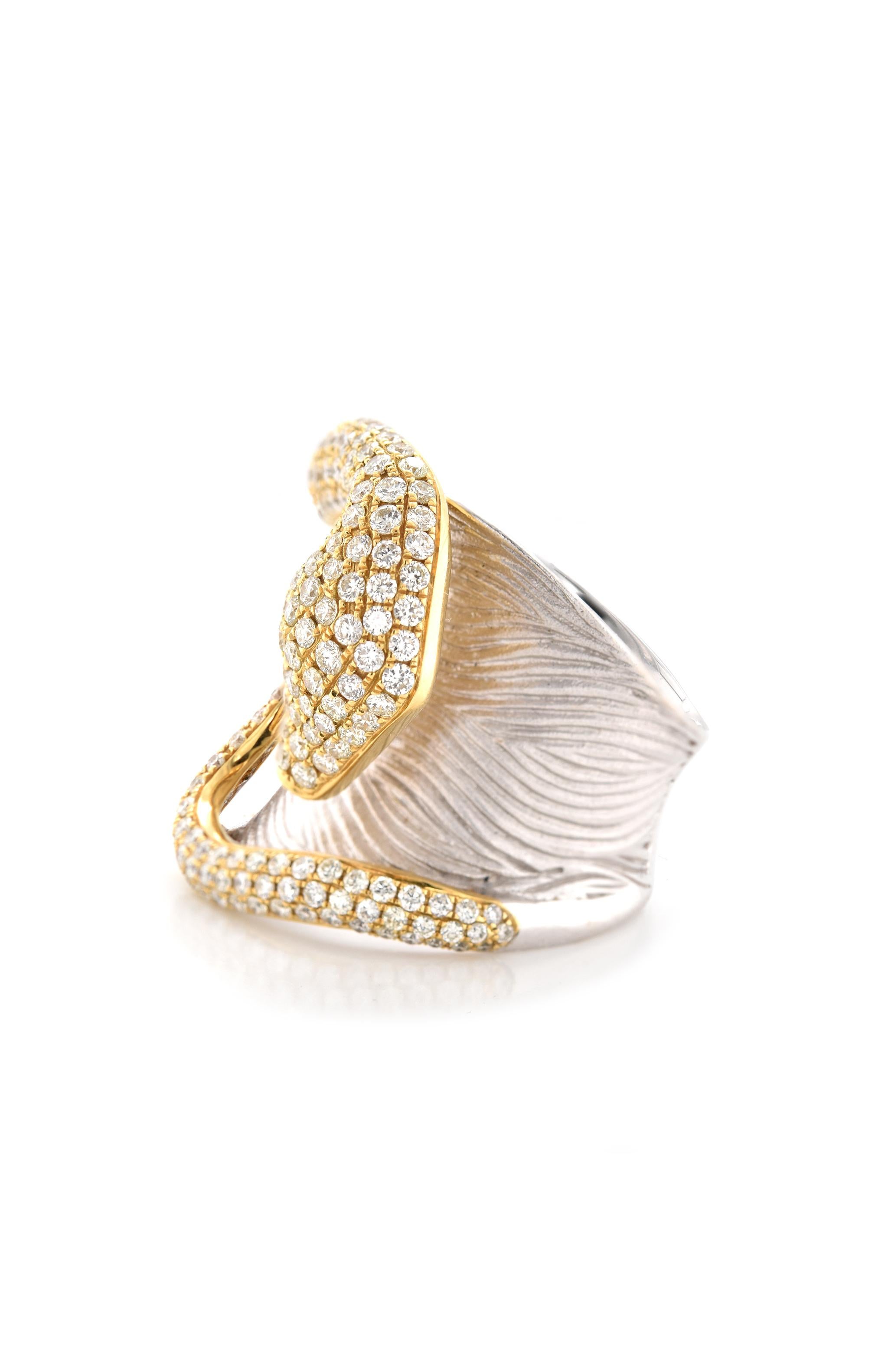 Designer: custom
Material: 18K white & yellow gold
Diamonds: 183 round cut = 2.08cttw
Color: G
Clarity: VS2
Ring size: 7 (please allow two additional shipping days for sizing requests)
Weight:  15.07 grams
