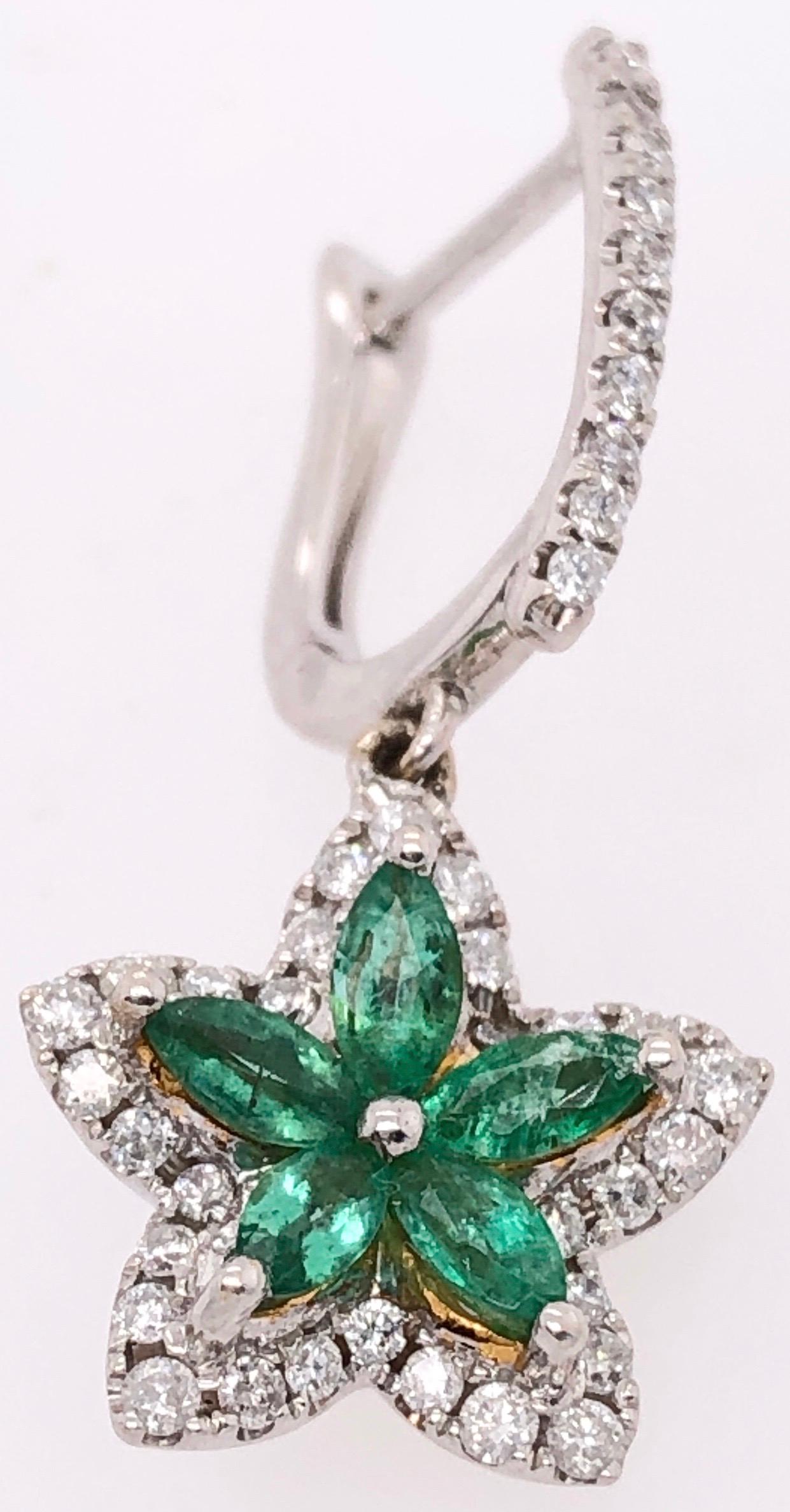 Modern 18 Karat White and Yellow Gold Emerald and Diamond Flower Drop Earrings For Sale