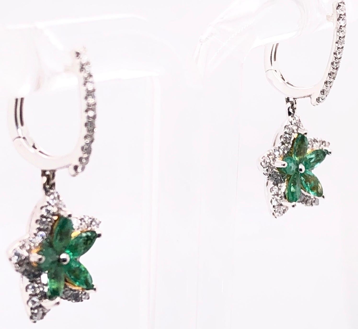 Round Cut 18 Karat White and Yellow Gold Emerald and Diamond Flower Drop Earrings For Sale