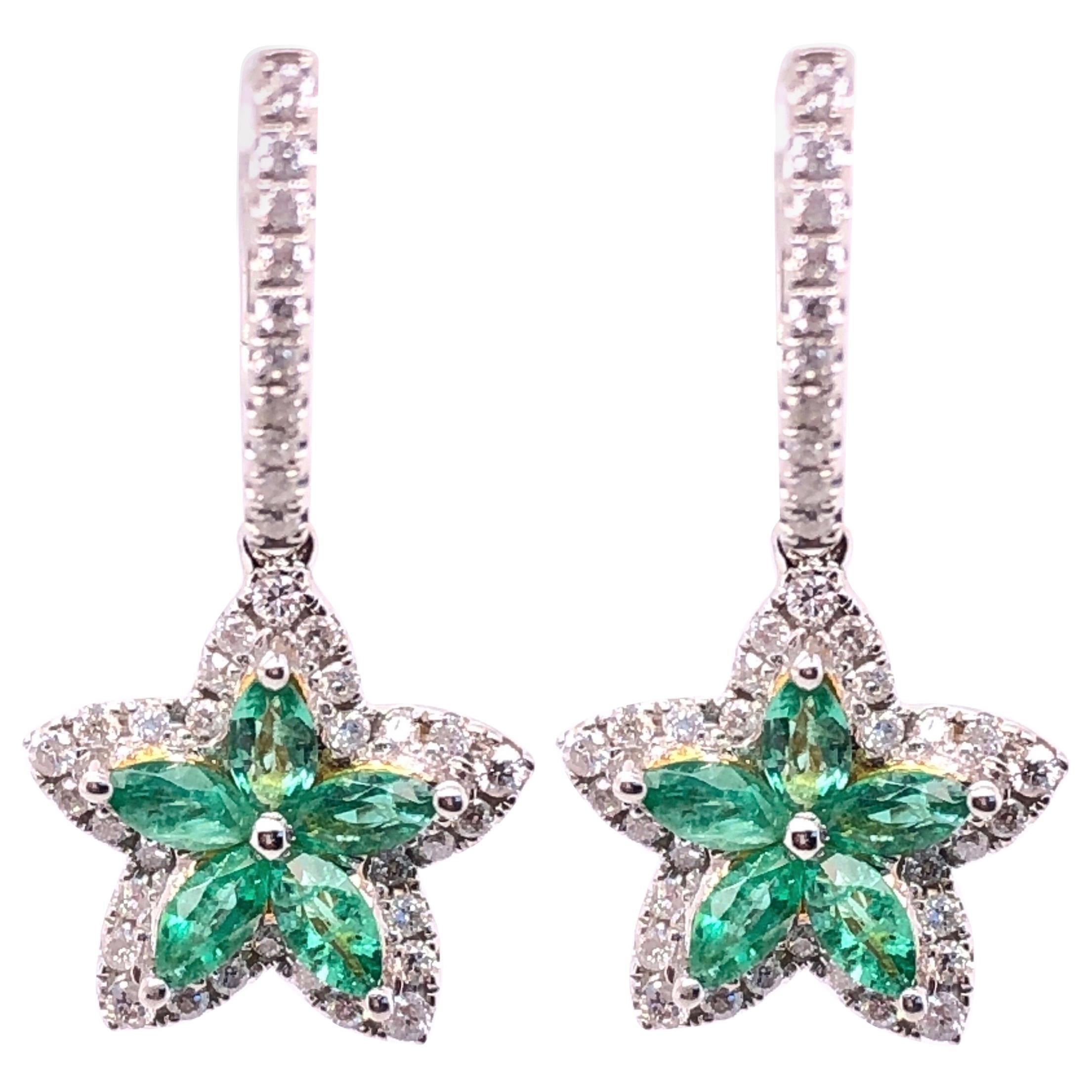 18 Karat White and Yellow Gold Emerald and Diamond Flower Drop Earrings For Sale
