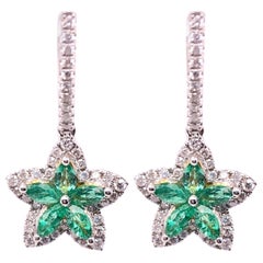 18 Karat White and Yellow Gold Emerald and Diamond Flower Drop Earrings