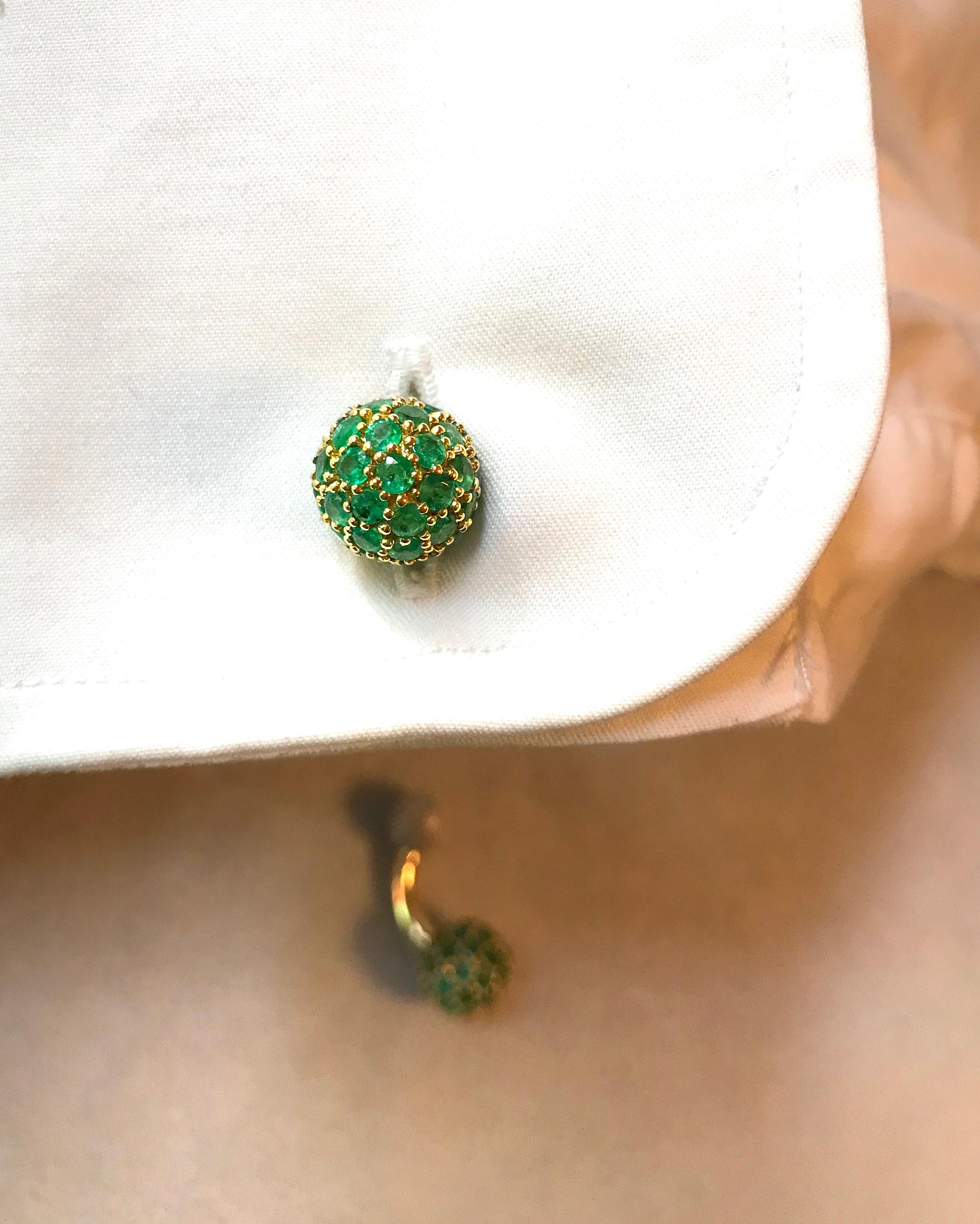 Women's or Men's 18 Karat White and Yellow Gold  Emeralds Spherical Cufflinks