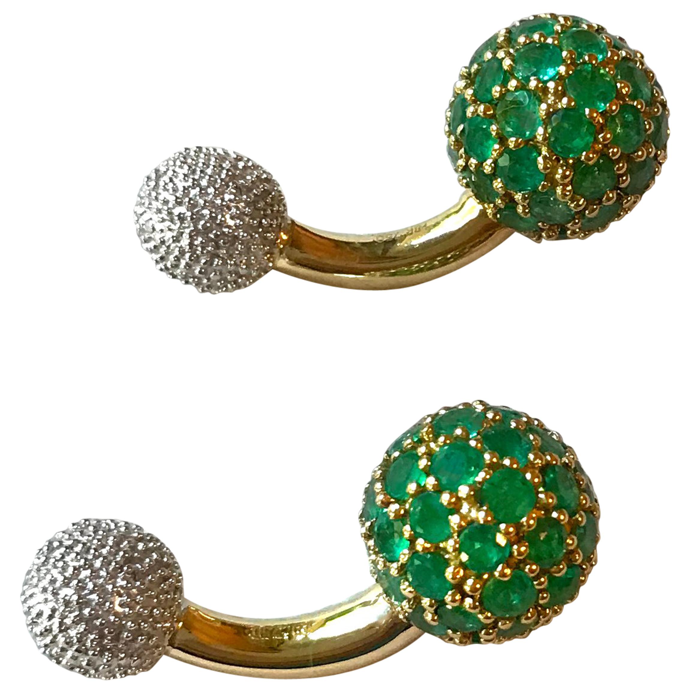 18 Karat White and Yellow Gold  Emeralds Spherical Cufflinks