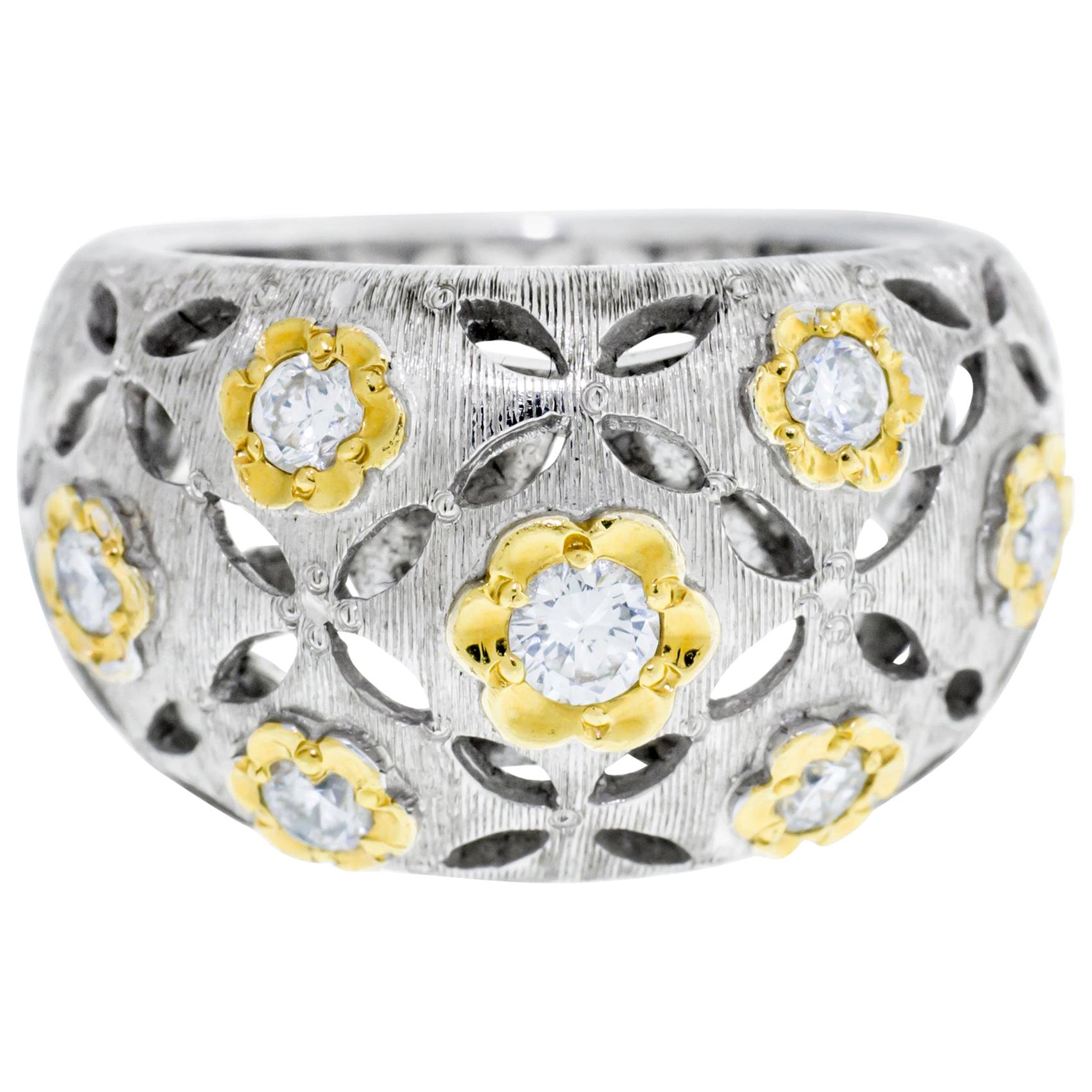 18 Karat White and Yellow Gold Eyelet Flower Band Diamond Ring