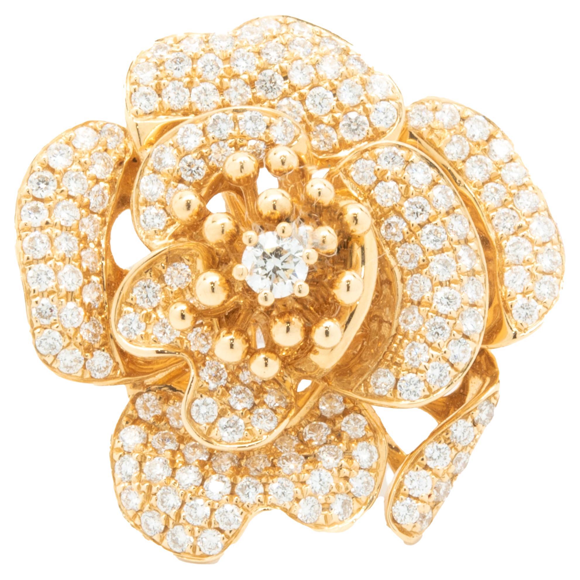 18 Karat White and Yellow Gold Pave Diamond Flower Ring For Sale