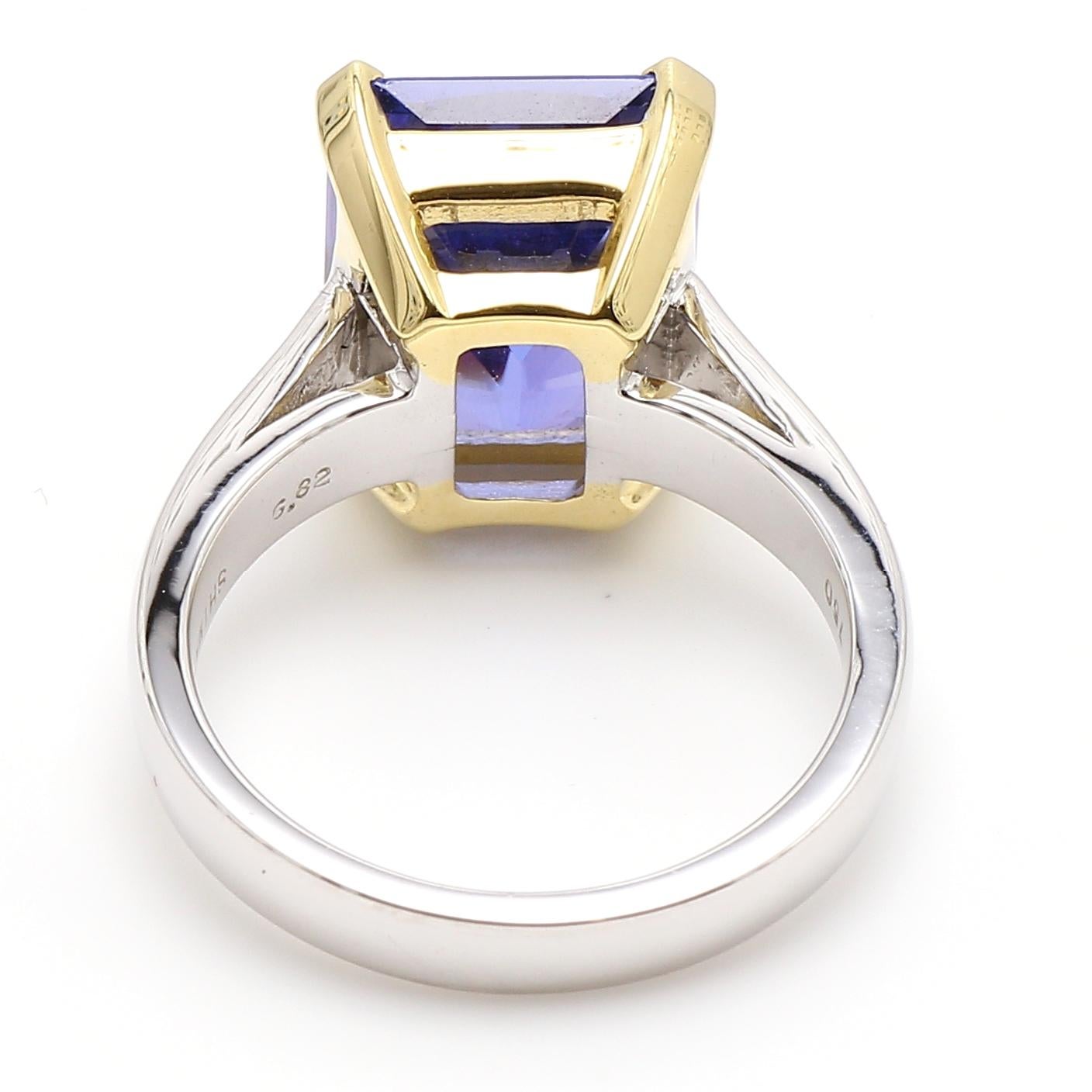 Contemporary 18 Karat White and Yellow Gold Radiant Cut Tanzanite Cocktail Ring 6.82 Carat For Sale