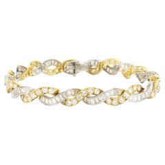 18 Karat White and Yellow Gold Round and Baguette Cut Diamond Twist Bracelet
