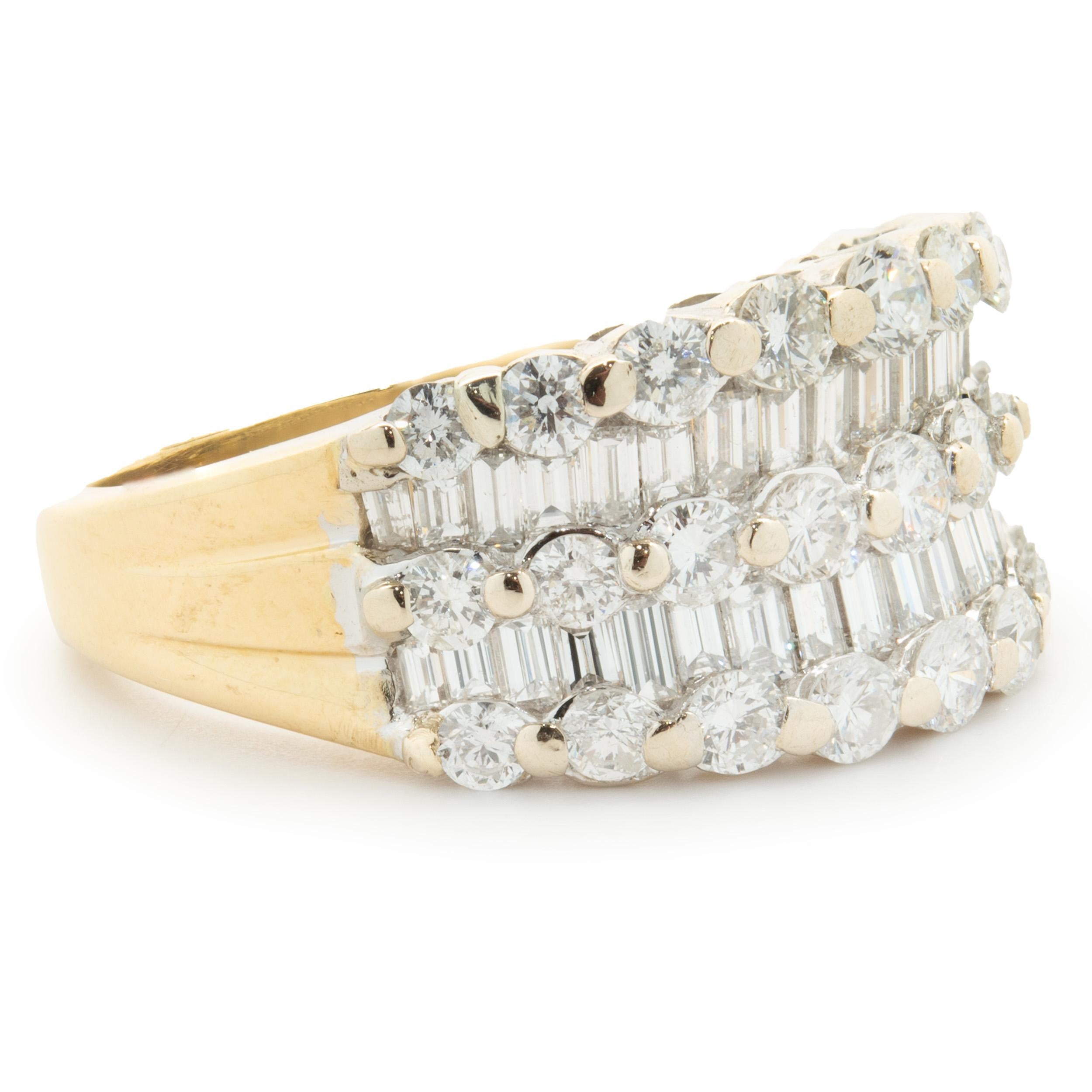 18 Karat White and Yellow Gold Round & Baguette Cut Five Row Diamond Cigar Band In Excellent Condition For Sale In Scottsdale, AZ