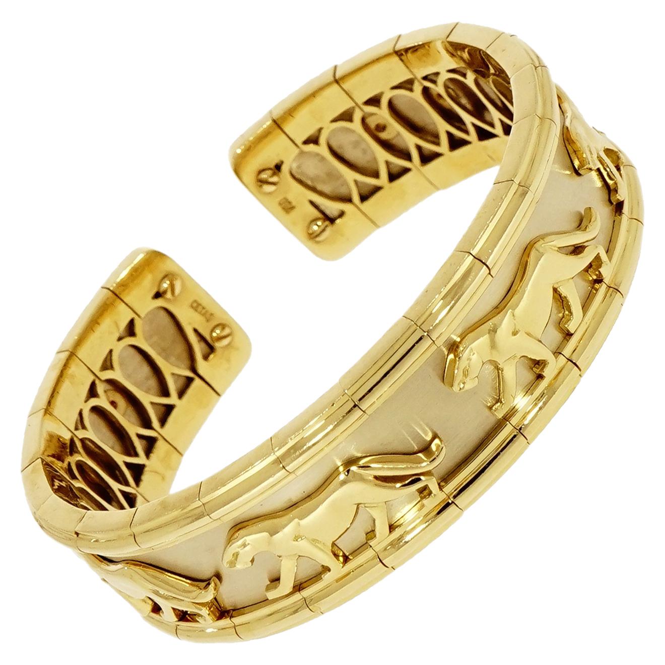 18 Karat White and Yellow Gold Solid Panther Cuff Bracelet