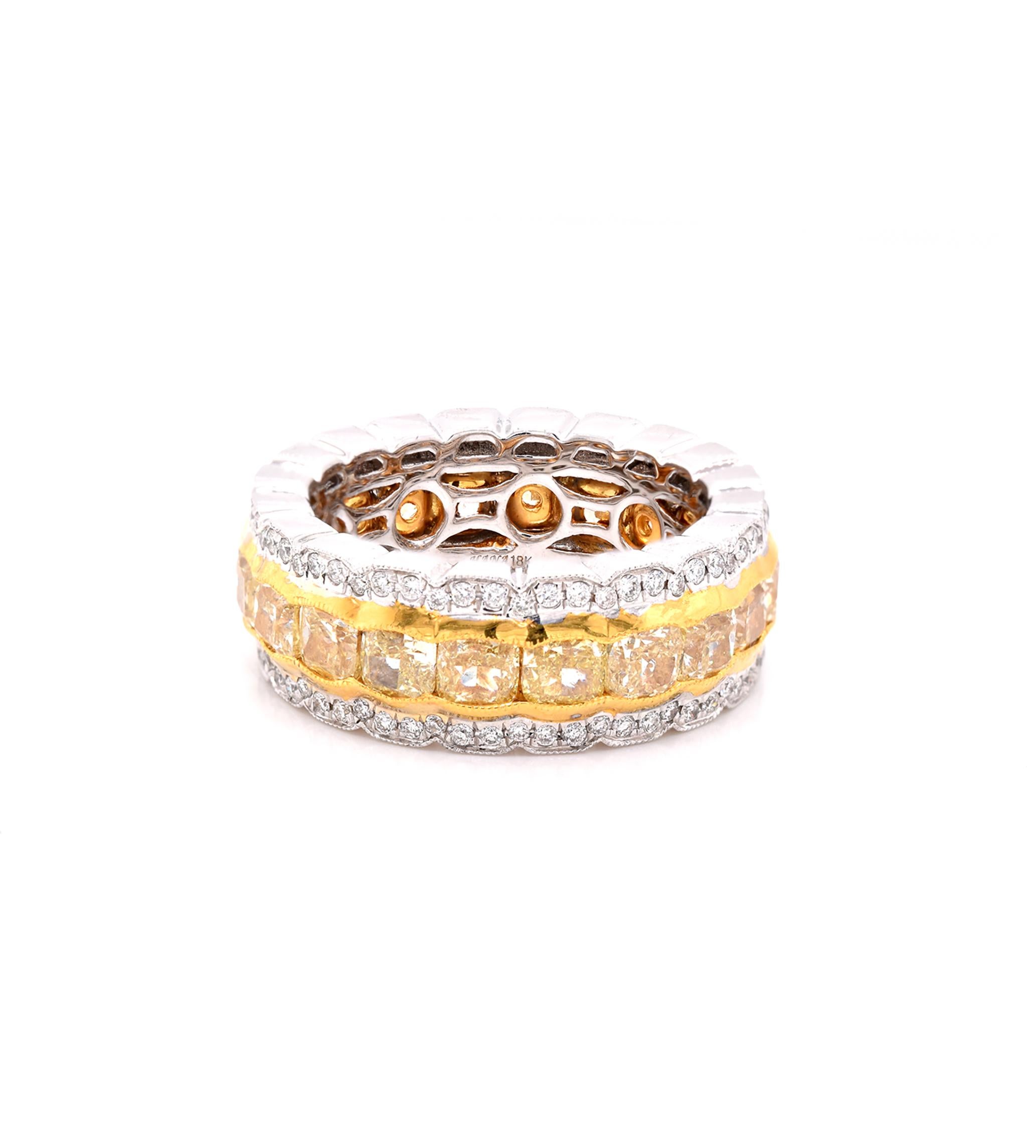 Material: 18K white and yellow gold
Diamonds: 120 round cut = 0.54cttw
Color: G
Clarity: VS
Diamonds: 20 cushion cut = 5.50cttw
Color: Fancy Yellow
Clarity: VS
Ring Size: 6 3/4 (Please allow up to two additional business days for sizing