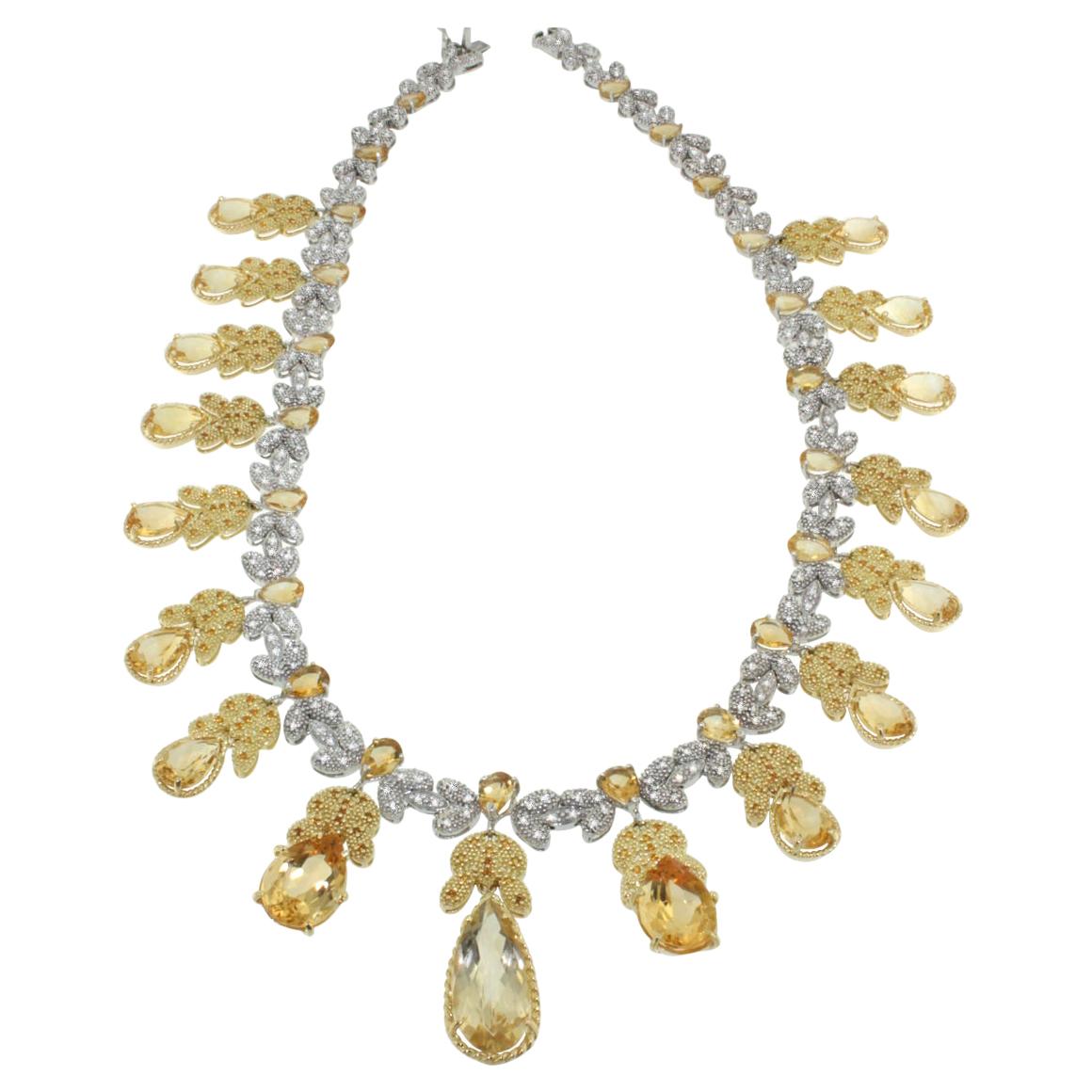 18 Karat White and Yellow Gold with Citrines and White Diamonds Necklace