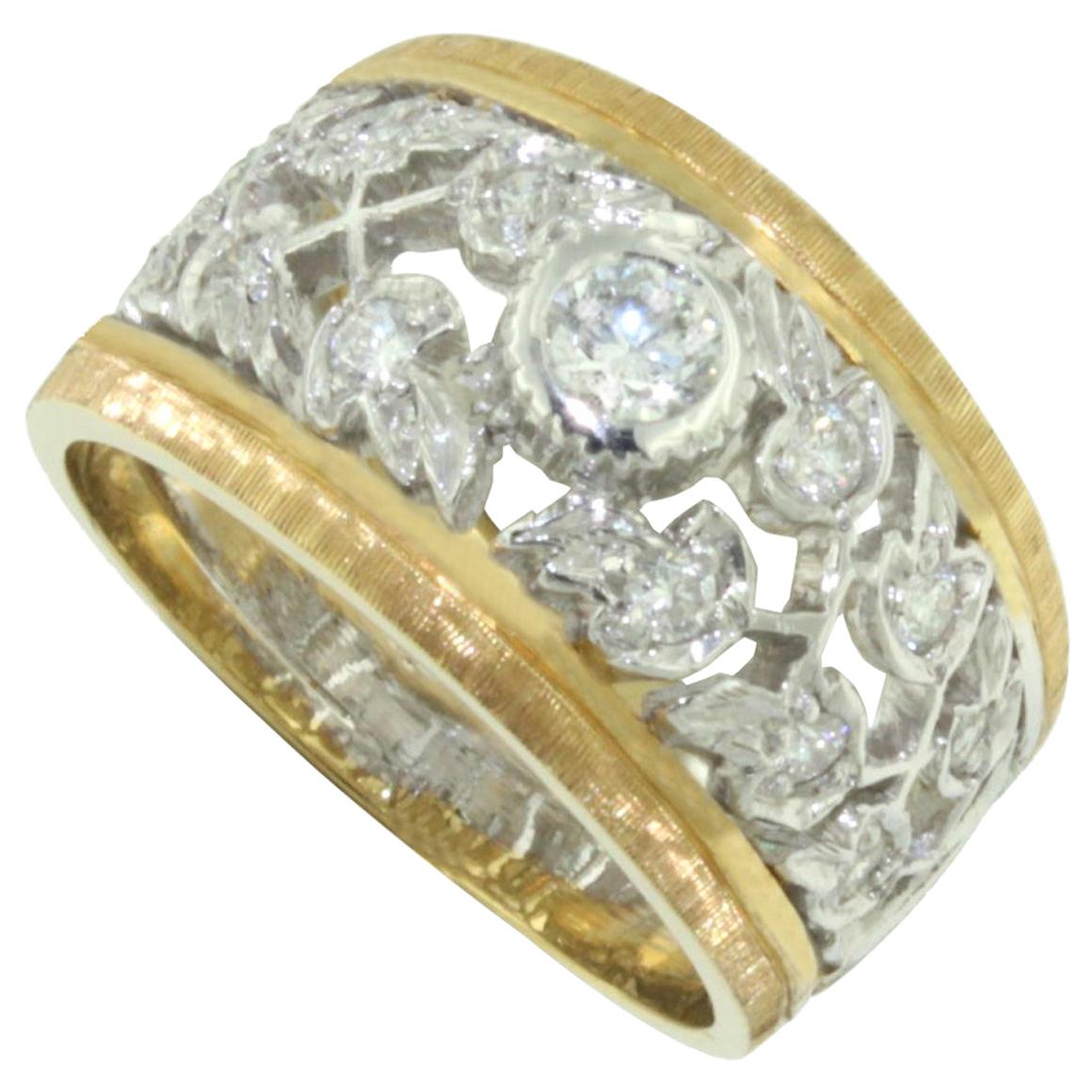 18 Karat White and Yellow Gold with White Diamond Ring For Sale