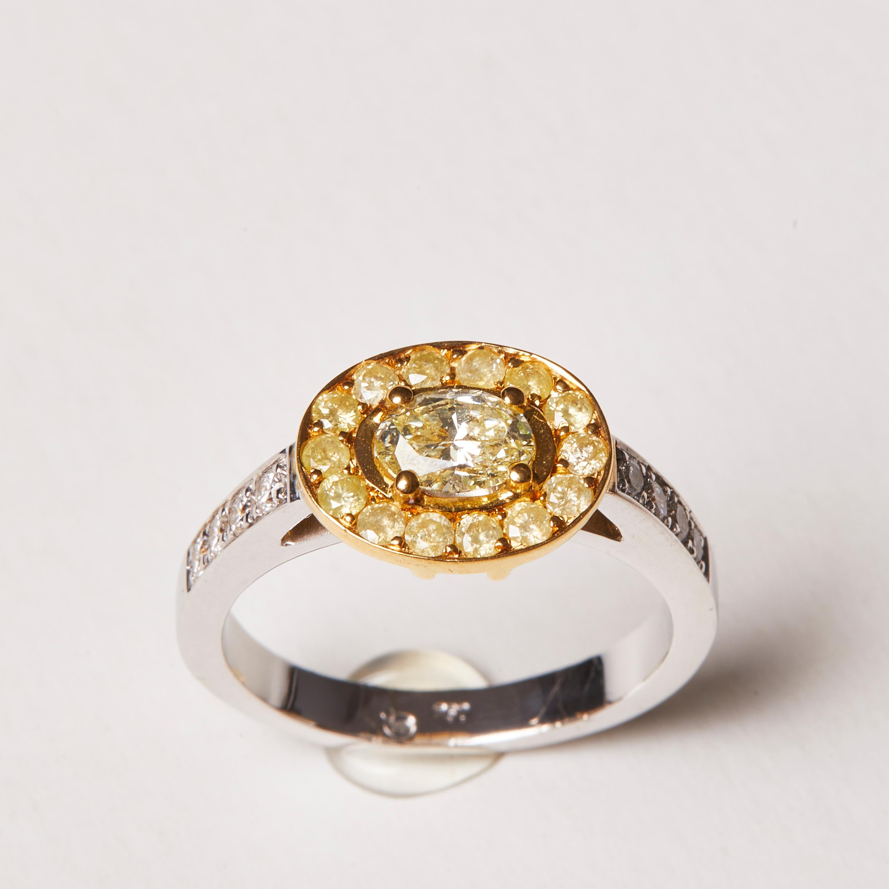 This beautiful 18 Karat white and yellow gold ring will be your next go-to piece. Embellished with 23 Diamonds - this ring combines the beauty of a fancy yellow diamond centre stone and 14 ice yellow diamonds in the halo.


8 Diamonds 0.16 Carat
1