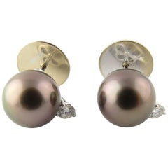 18 Karat White Black Pearl and Diamond Earrings