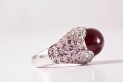 18 Karat White Cabochon Rubellite Pink Rubellite  Cocktail Ring