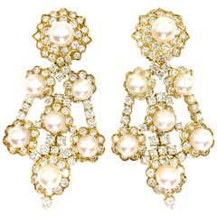 18 Karat White Diamond and Cultured Pearl Open Chandelier Earrings