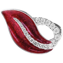 18 Karat White Diamond Crimson Red Enamel Classy Ring