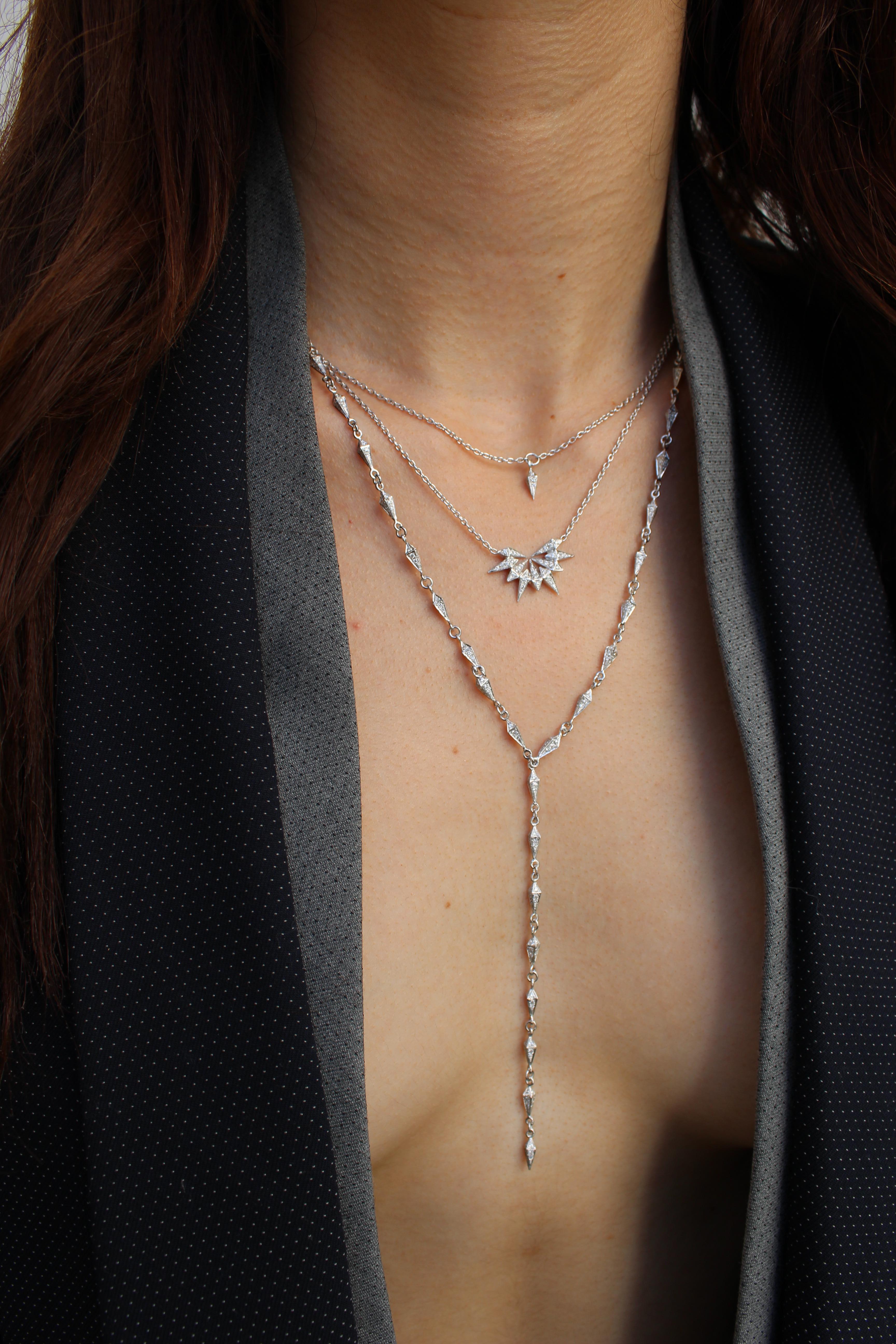 Contemporary Diamond Starburst Pendant Necklace 18k White Gold For Sale