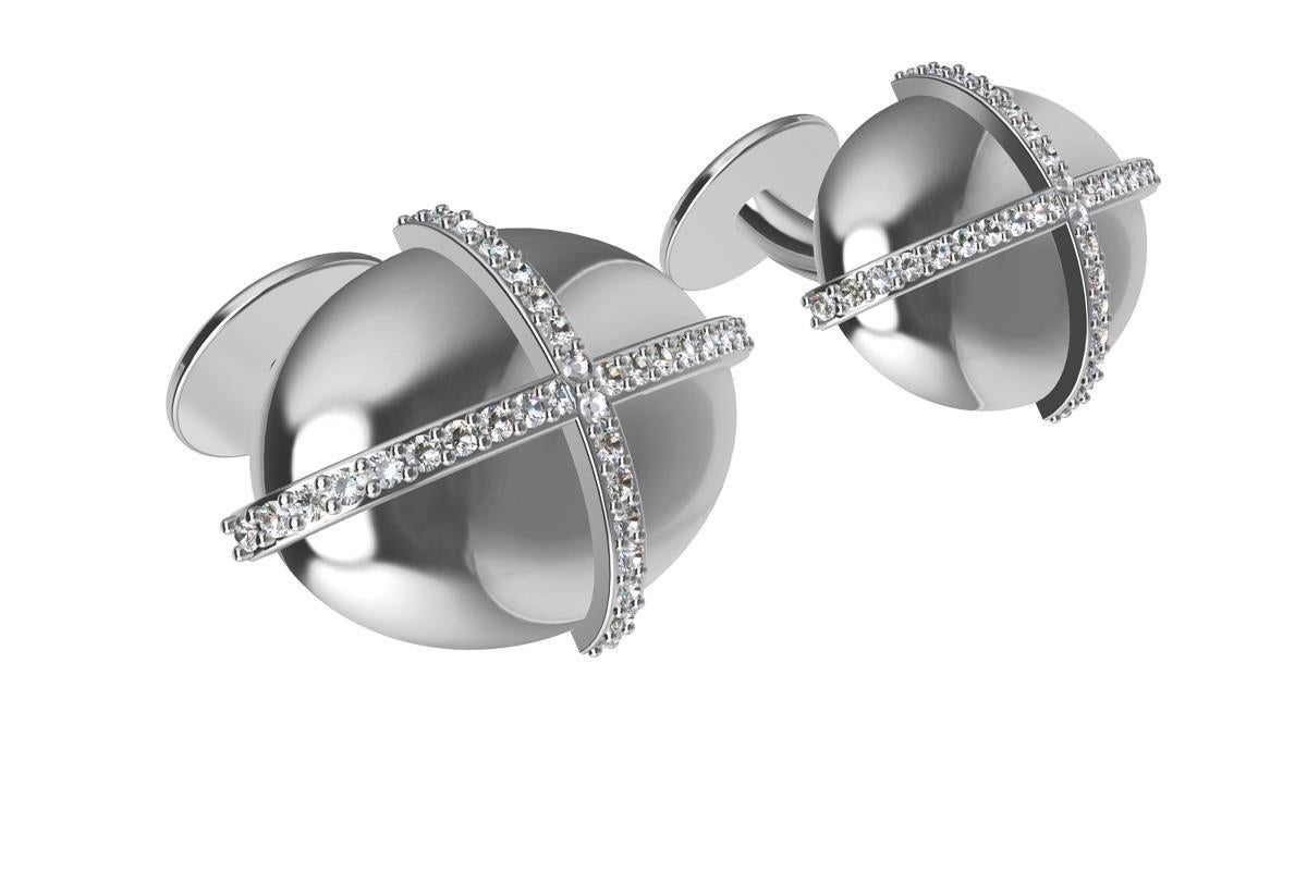 Women's or Men's 18 Karat White GIA Diamond Dome Cross Cufflinks For Sale