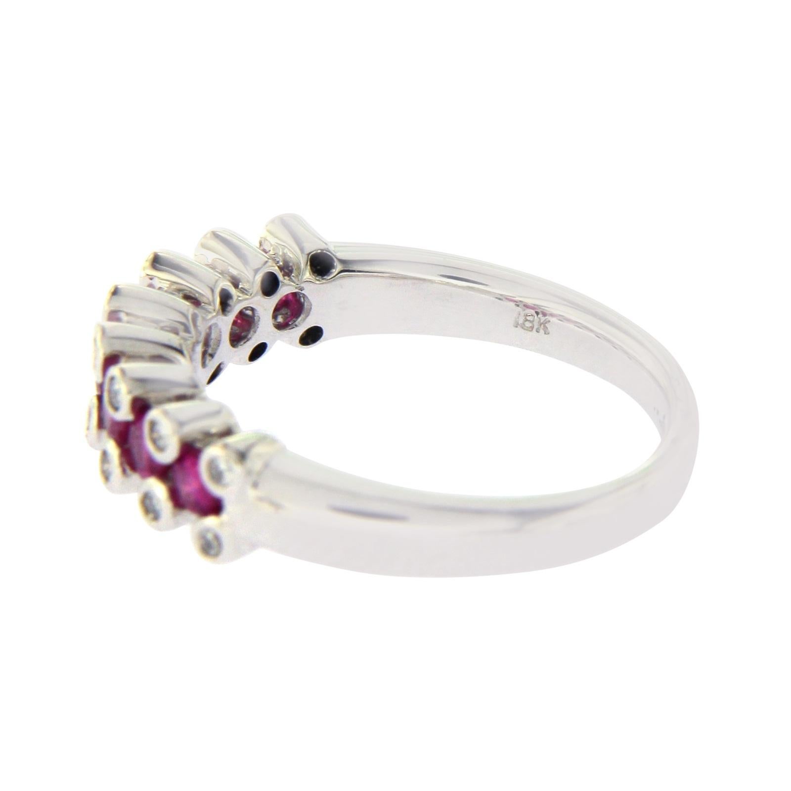 Women's 18 Karat White Gold 0.16 Carat Diamonds and 0.86 Carat Ruby Wedding Band Ring For Sale