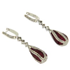18 Karat White Gold 0.21 Carat Diamonds and 7.98 Carat Ruby Dangle Earrings