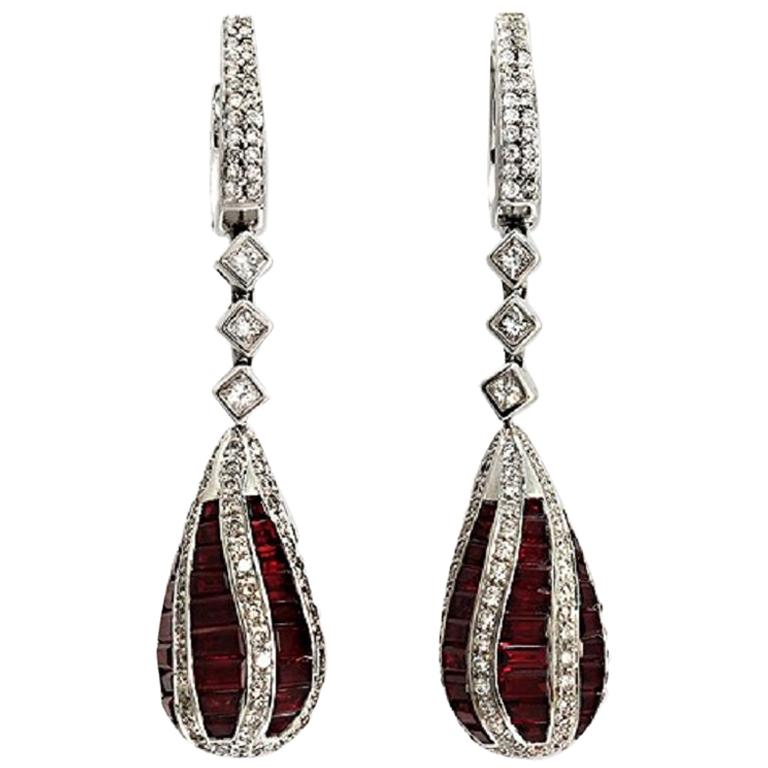 18 Karat White Gold 0.21 Carat Diamonds and 7.98 Carat Ruby Dangle Earrings For Sale