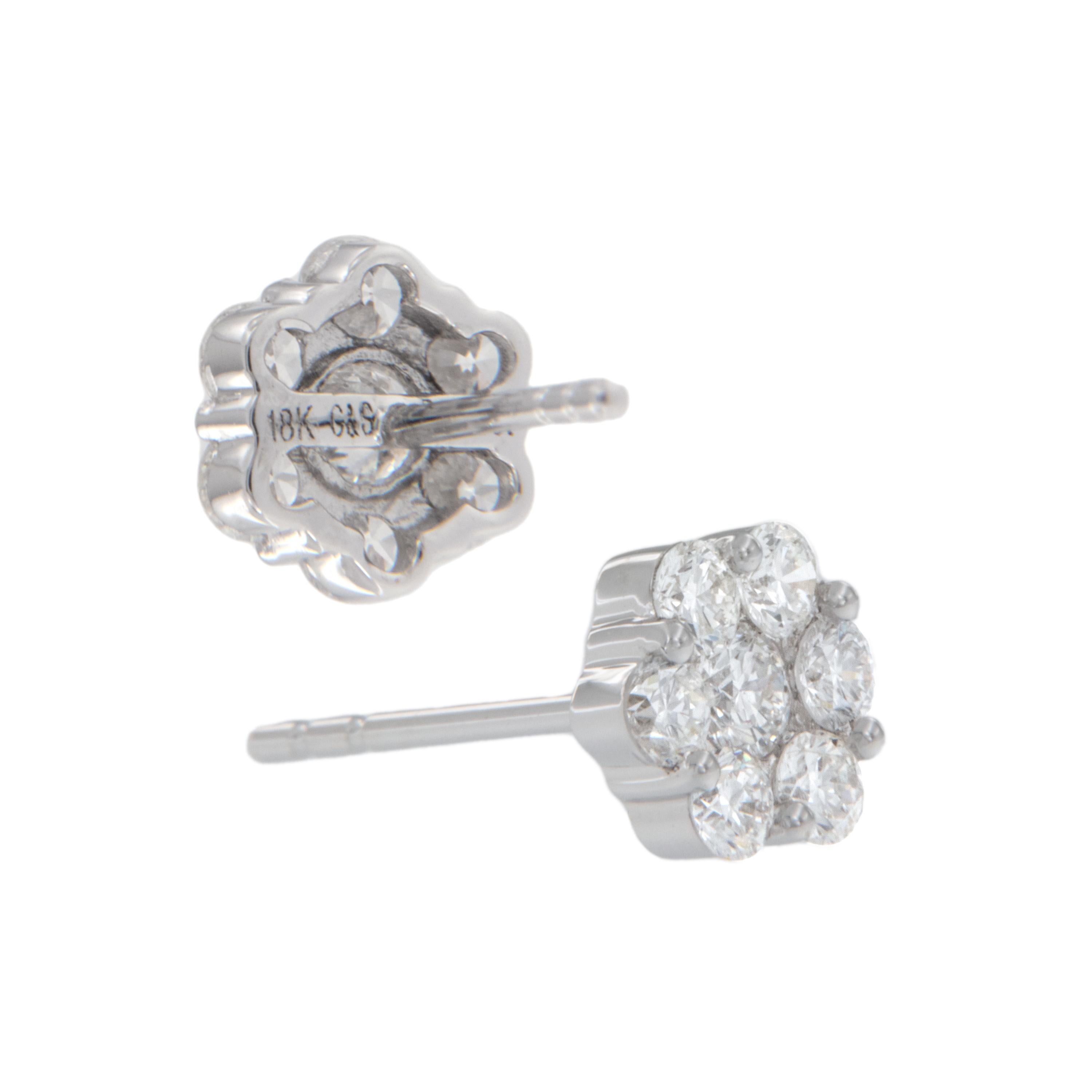 Round Cut 18 Karat White Gold 0.25 Cttw Diamond Cluster Flower Stud Earrings For Sale