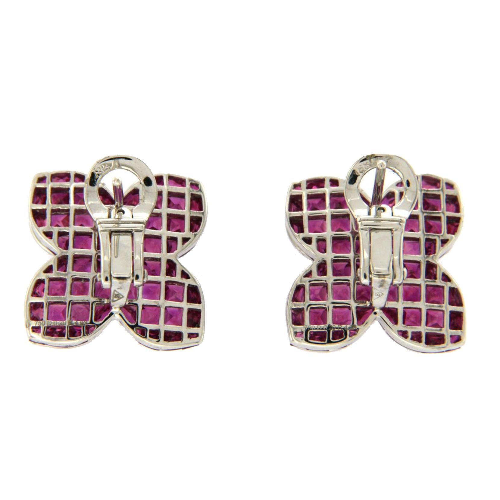 18 Karat White Gold 0.32 Carat Diamonds and Invisible 9.86 Carat Ruby Earrings In Excellent Condition For Sale In Los Angeles, CA
