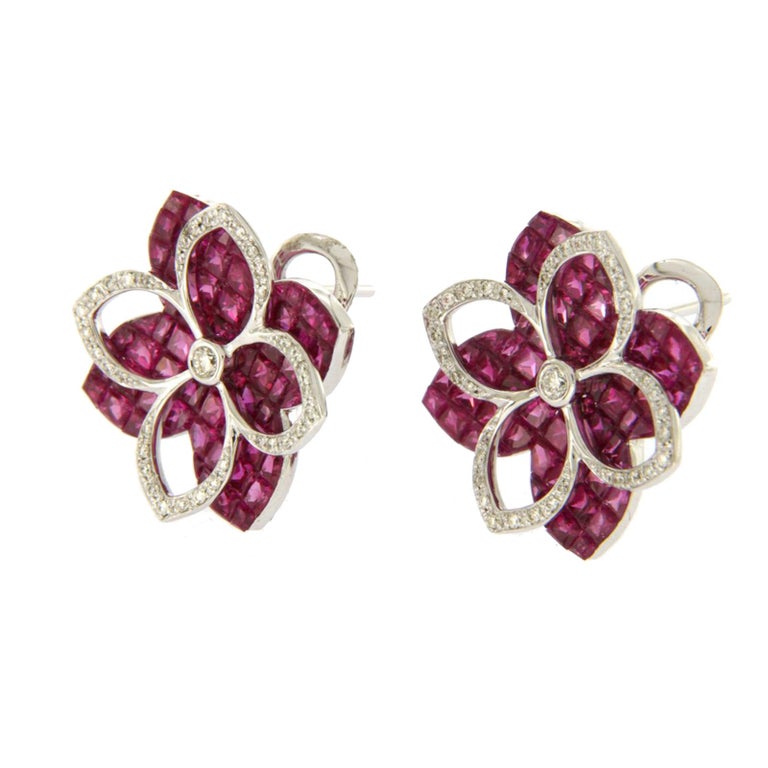 Women's 18 Karat White Gold 0.32 Carat Diamonds and Invisible 9.86 Carat Ruby Earrings For Sale