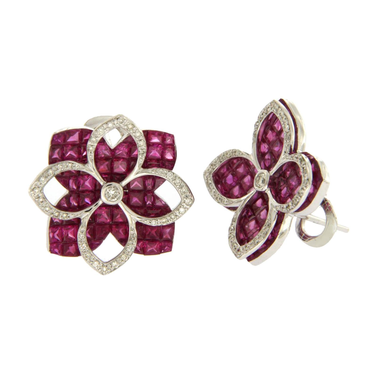 18 Karat White Gold 0.32 Carat Diamonds and Invisible 9.86 Carat Ruby Earrings For Sale 1