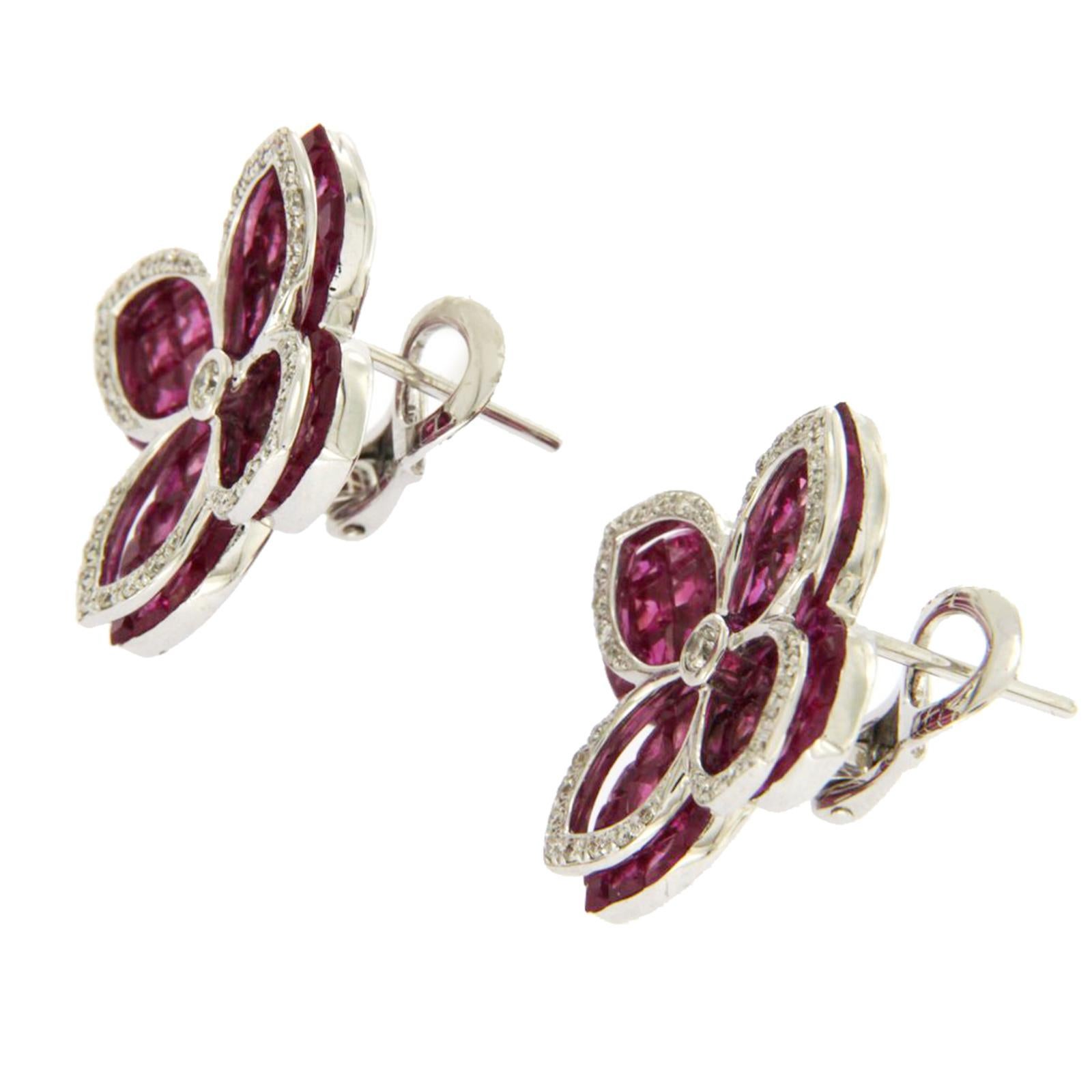 18 Karat White Gold 0.32 Carat Diamonds and Invisible 9.86 Carat Ruby Earrings For Sale 2