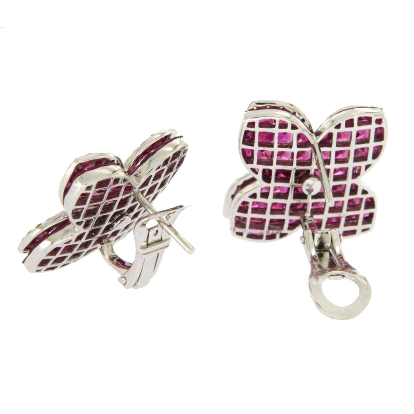 18 Karat White Gold 0.32 Carat Diamonds and Invisible 9.86 Carat Ruby Earrings For Sale 3
