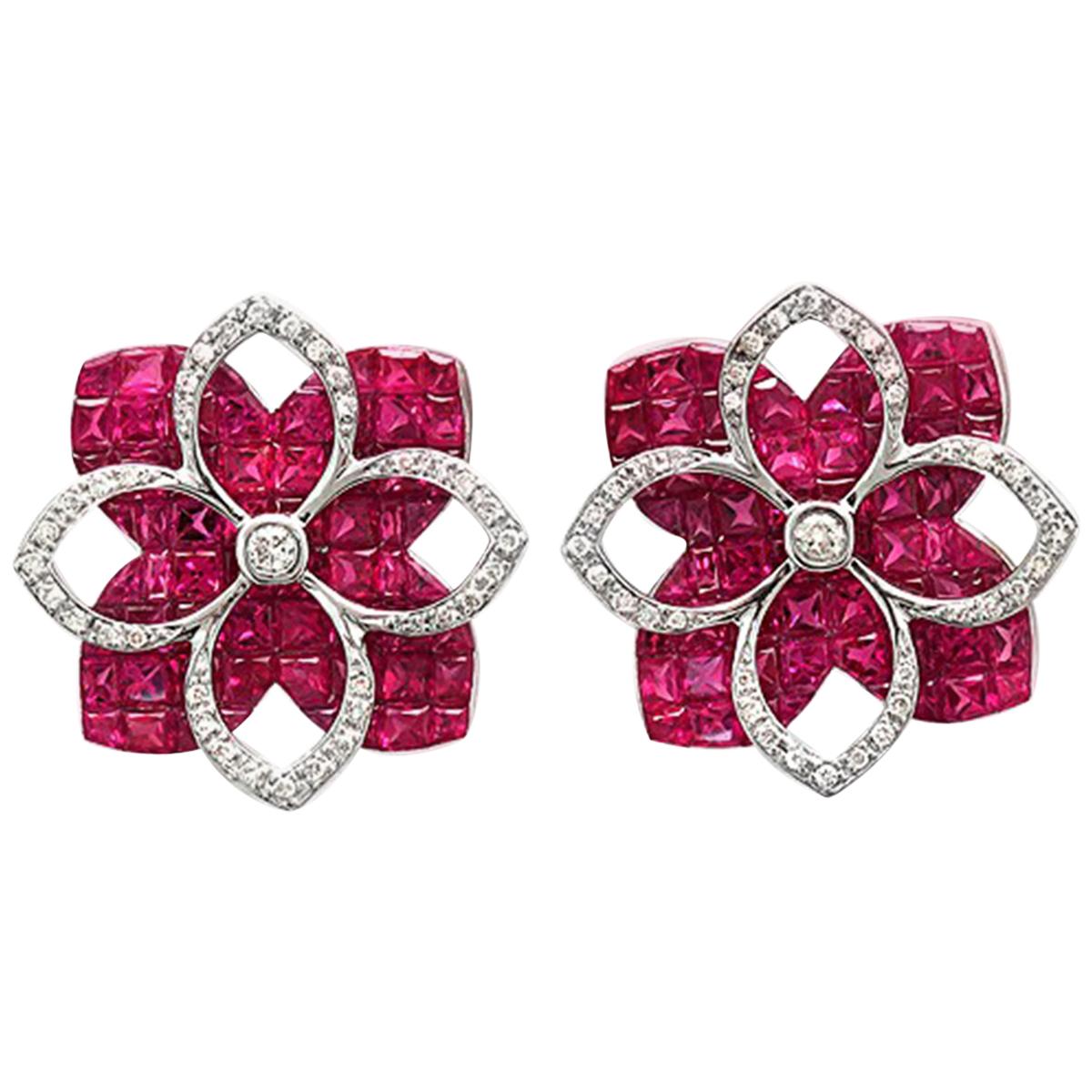 18 Karat White Gold 0.32 Carat Diamonds and Invisible 9.86 Carat Ruby Earrings For Sale