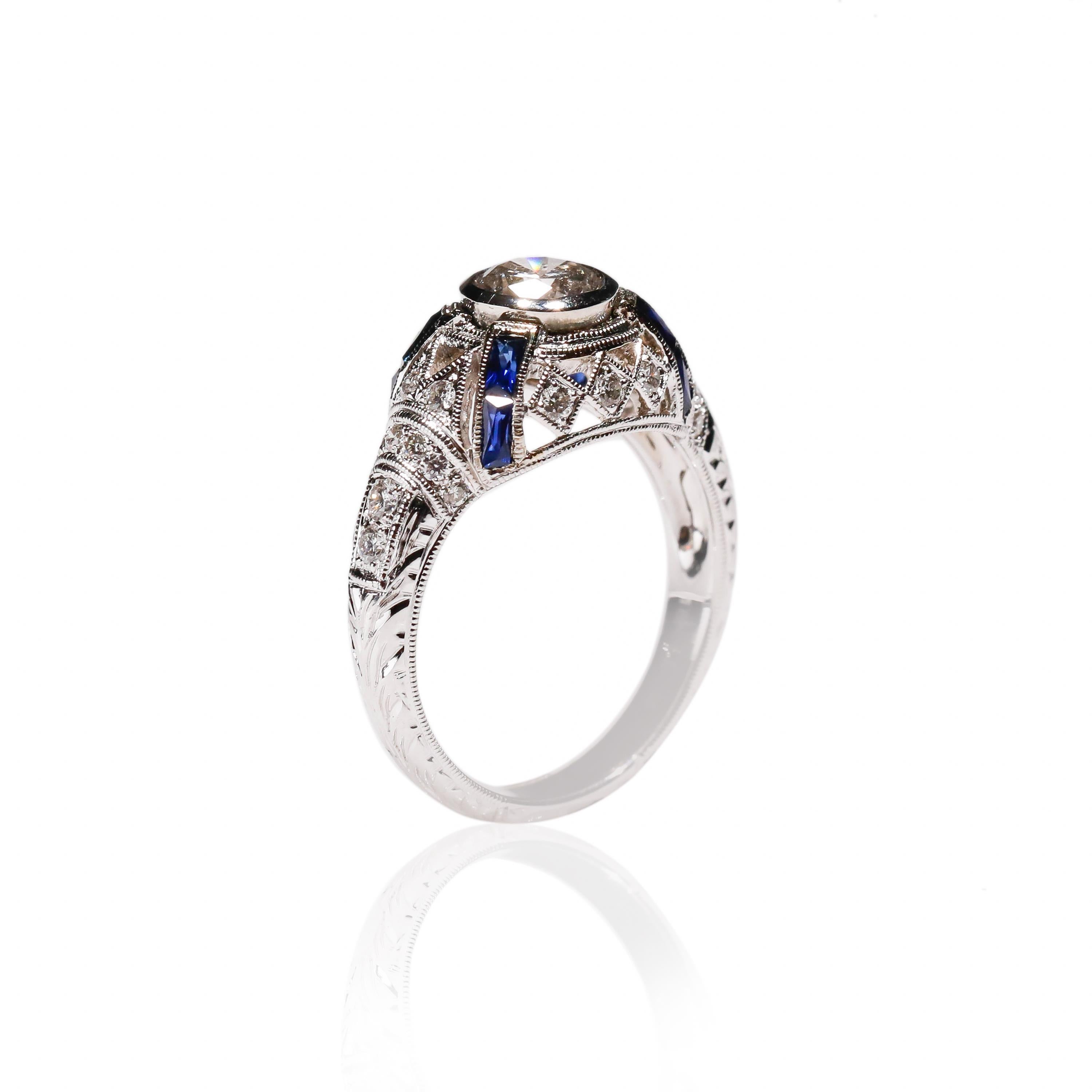 Round Cut 18 Karat White Gold 0.4 Carat Blue Sapphire 0.8 Carat White Diamond Halo Ring For Sale