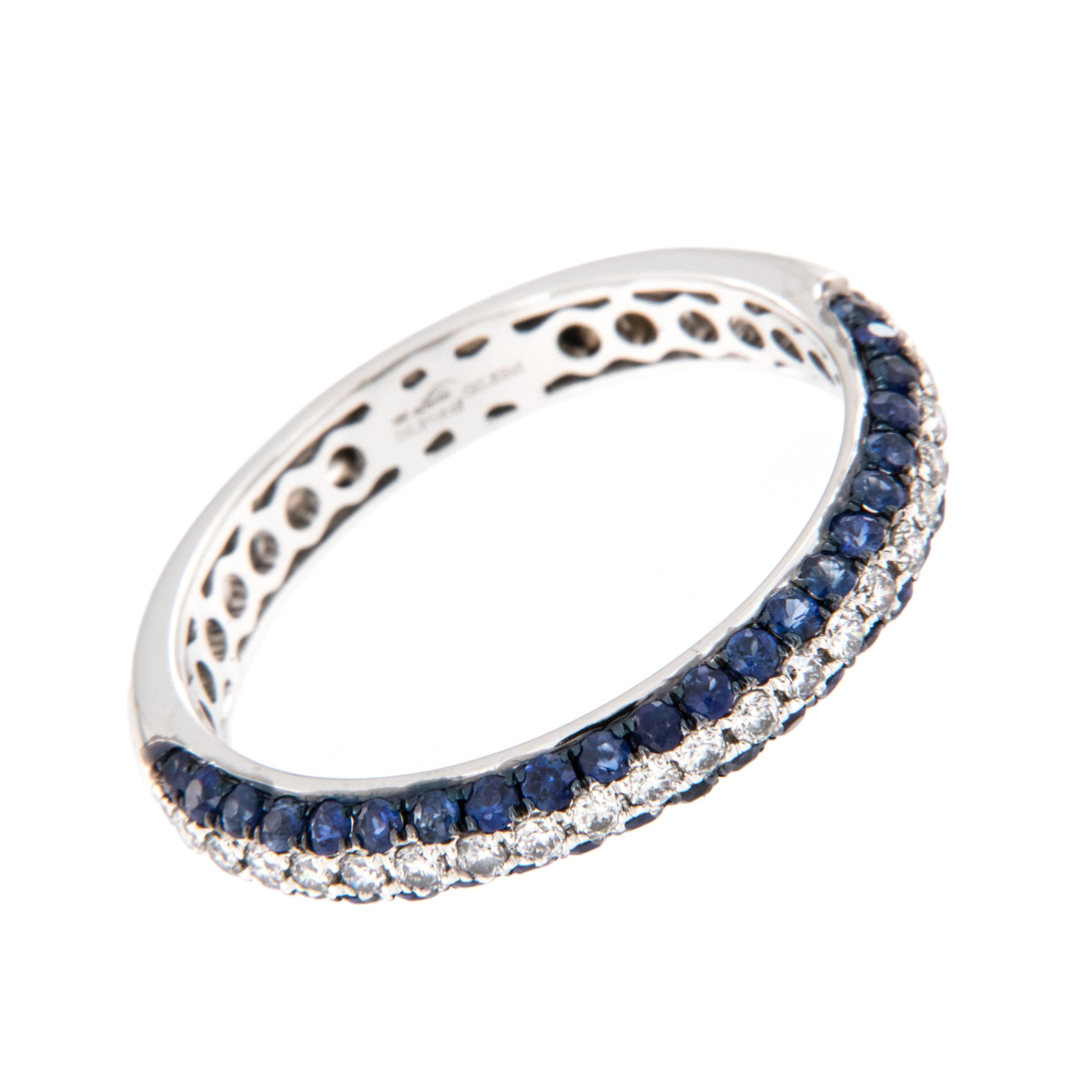 Taille ronde Bague à 3 rangs en or blanc 18 carats 0.53 cttw saphir et 0.23 cttw diamant en vente