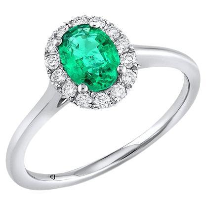 18 Karat White Gold 0.65 Carat Zambia Emerald and Diamond Halo Ring For Sale