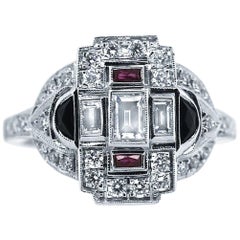 18 Karat White Gold 0.75 Carat Diamond 0.40 Carat Combined Ruby and Onyx Ring