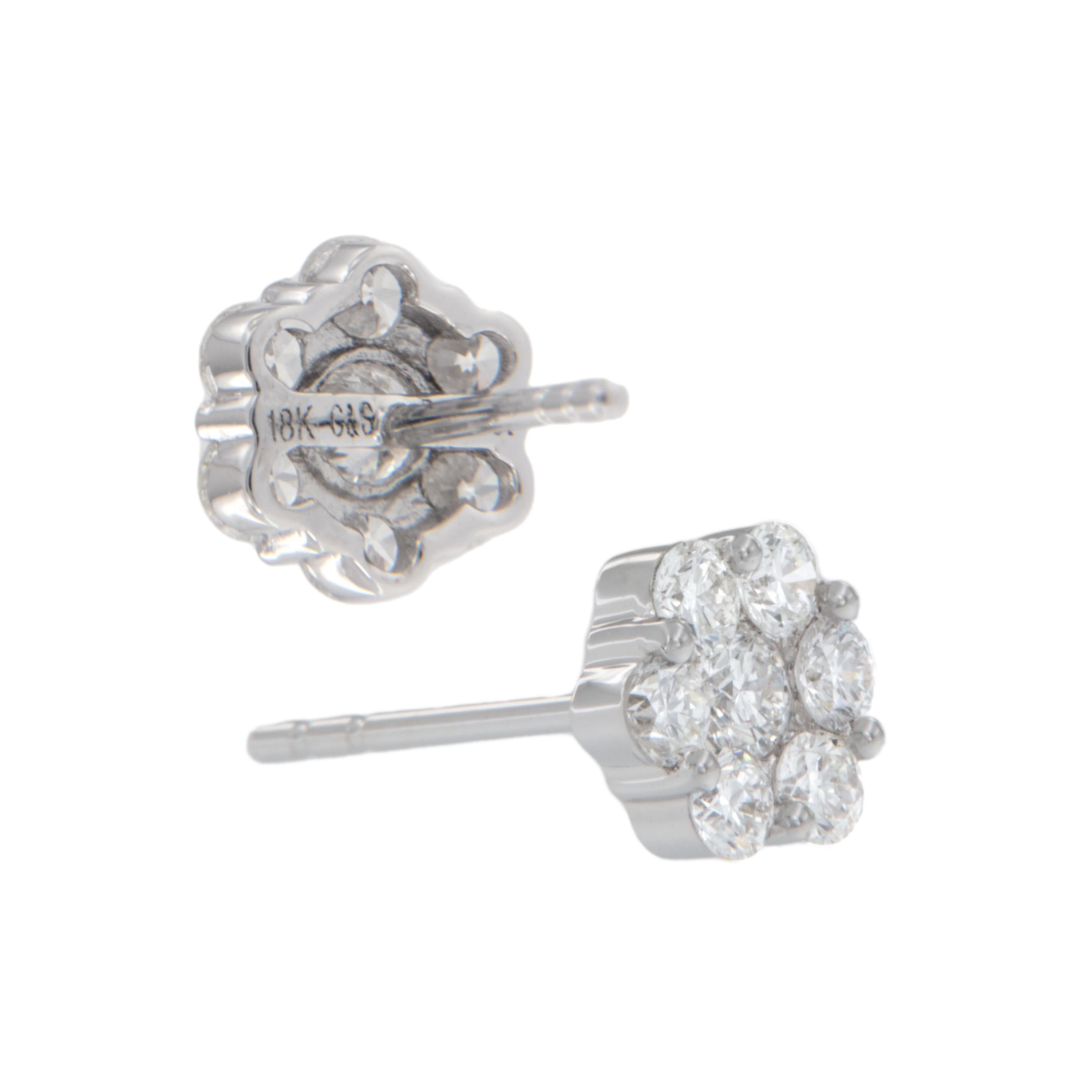 Round Cut 18 Karat White Gold 0.75 Cttw Diamond Cluster Flower Stud Earrings  For Sale