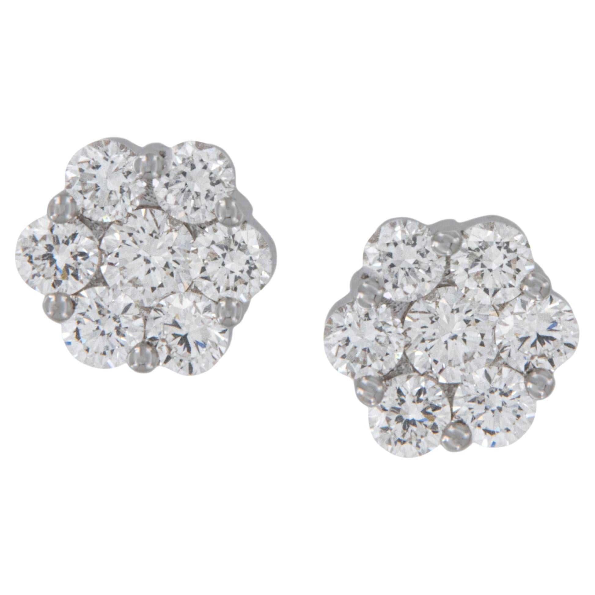 18 Karat White Gold 0.75 Cttw Diamond Cluster Flower Stud Earrings  For Sale